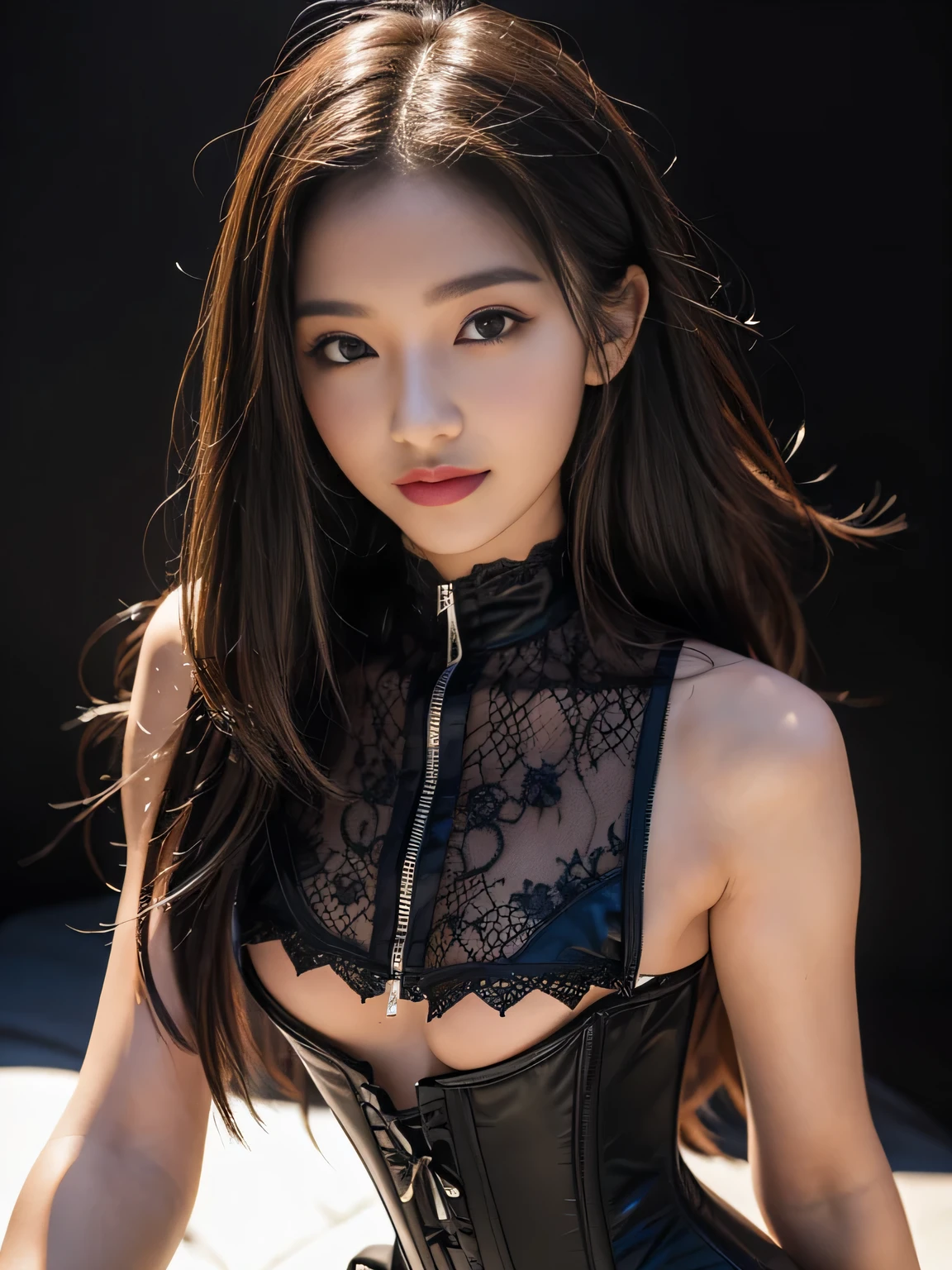 A girl, long hair, half picture, city, future, science fiction, black silk, shorts, night scene, midnight, blue light, neon, night, face close-up, delicate features, beautiful girl, beauty, charming,fashi-girl,red lips,realistic,makeup,