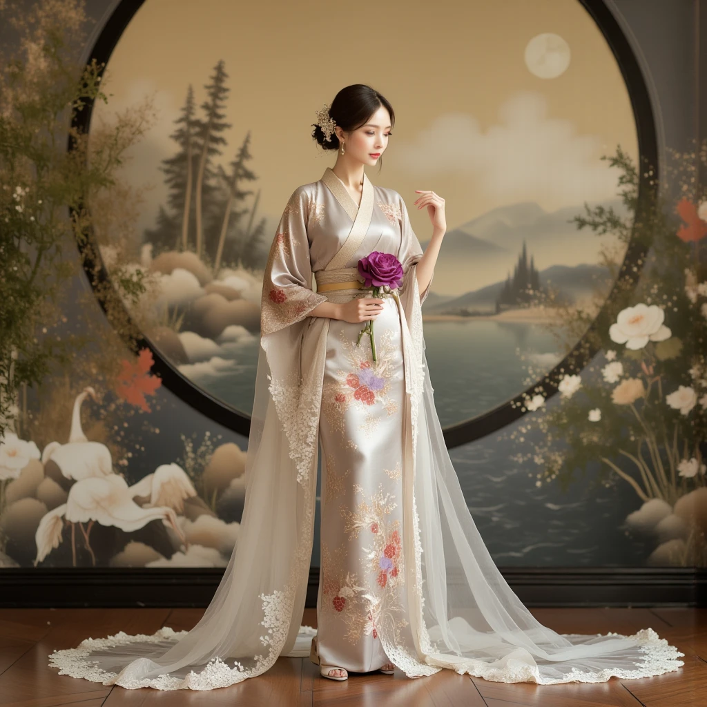 A serene and sophisticated East-Asian woman standing in an elegant dress that seamlessly blends traditional Japanese kimono patterns and modern bridal elements. The base of the dress is inspired by the first image, featuring a luxurious silver tone adorned with intricate floral designs, delicate cranes, and geometric patterns in gold, red, and purple. The dress transitions into an extremely long, ankle-length, form-fitting pencil skirt that enhances her silhouette and adds a sense of grace and refinement while maintaining a sleek and modern appearance.

Overlaying this, she wears a flowing bridal veil inspired by the second image, crafted from sheer white lace with intricate floral embroidery at the edges. The veil cascades elegantly down her back and drapes slightly onto the floor, adding a soft, ethereal quality to her look. Her right hand delicately holds a vivid purple rose, symbolizing grace and beauty, while her left hand gently touches the veil near her face, emphasizing her elegance and poise.

Her expression is serene, with a gaze slightly lowered, evoking quiet introspection and poise. She completes the outfit with sleek silver heels that complement the metallic accents of the dress. The background features a subtle blend of Japanese-inspired murals, with golden cranes in flight, pine trees, and flowing water patterns, illuminated by dramatic cinematic lighting to create an atmosphere of timeless beauty and harmony.