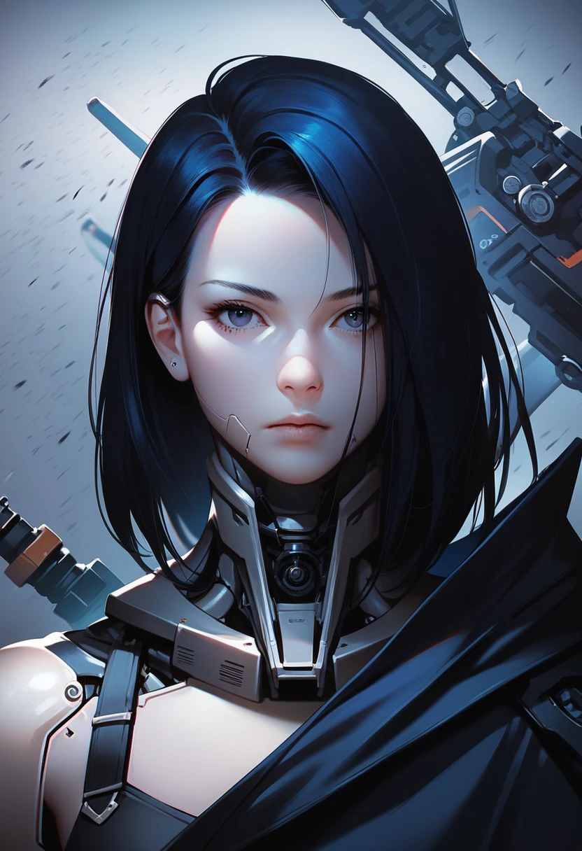 One woman, mature, anime, female anime character, dark eyes, expressionless, black hair, sharp face,artificial skin, black slim mechanical body frame, small chest, black cloak, elster, cyborg , mechanical jaw, mechanical neck, robotic, detailed anime character art, dark, facing center, close-up portrait, sharp focus, zPDXL3.