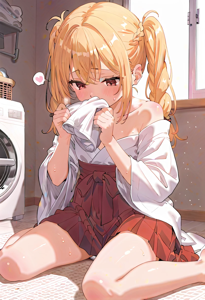 (masterpiece,beautiful,hughres,CG,8k,16k,best quality,high-resolution,detailed fingers,detailed hands,detailed legs,detailed eyes:1.5),anime,source anime,illustration,panties focus,1girl,solo,(indoors,a washing machine ,laundry basket:1.5),(on floor:1.2),(blonde hair:1,5),(braided hair,twintails:1.5),(miko,miko, japanese clothes, hakama skirt, white kimono,long sleeves, wide sleeves, off shoulder,red hakama:1.3),(white panties:1.6),small breasts,sitting,(smelling clothes,smelling,kunka:1.4),covering mouth,(skirt tug:1.5),(m legs,folded:1.4),(female orgasm,pussy juice:1.3),(trembling:1.4),(gasping,heavy breathing,blush:1.5),(impatience1.1),flustered,(fidgeting around:1.4),(steam:1.2),(sweat skin:1.4),(streaming tears:1.2),drooling,looking away,(looking down:1.4),(spoken heart:1.2),(narrow one's eyes:1.6)