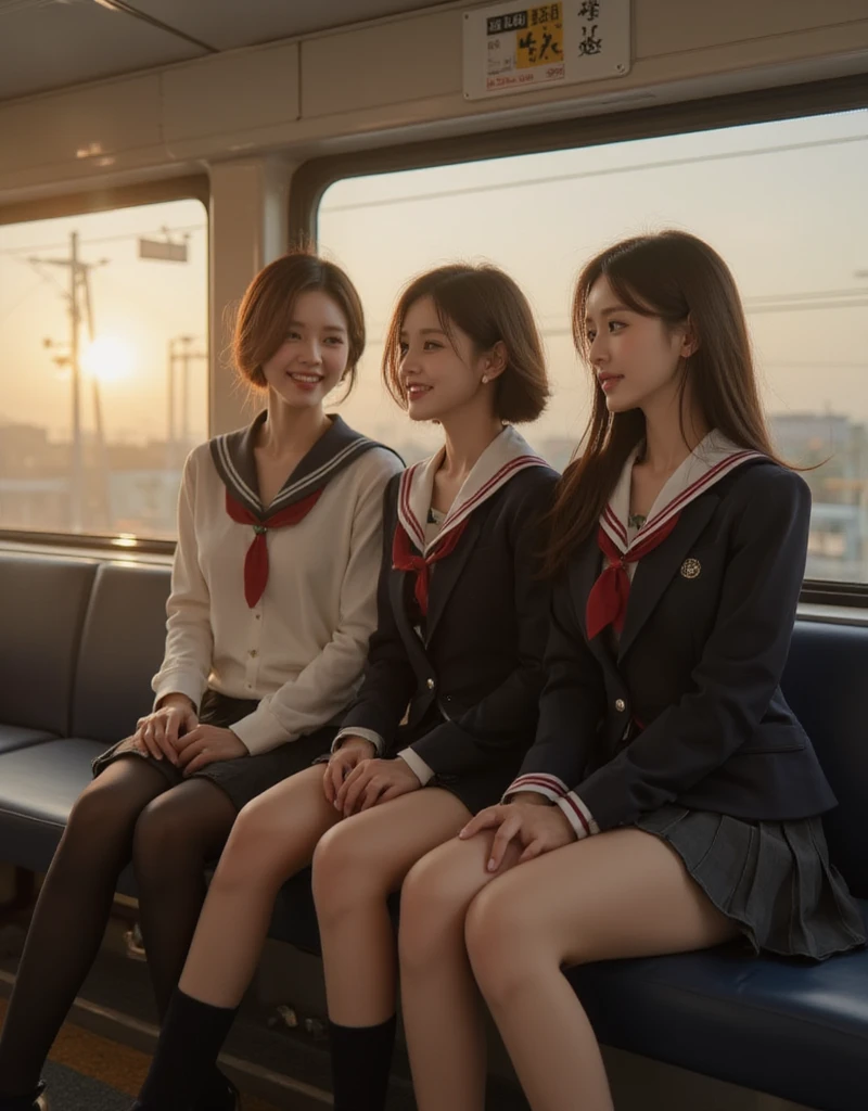 A lifelike, high-quality image of three slim Japanese teenage girls sitting closely on a long train bench, illuminated by the golden hues of the setting sun pouring through the window. The first girl has a short bob haircut and wears a sailor school uniform, the second wears a blazer-style sailor uniform, and the third has straight, long hair with a standard sailor uniform. Their faces are lit with joy as they laugh and chat together, surrounded by the calm ambiance of the softly lit train interior.