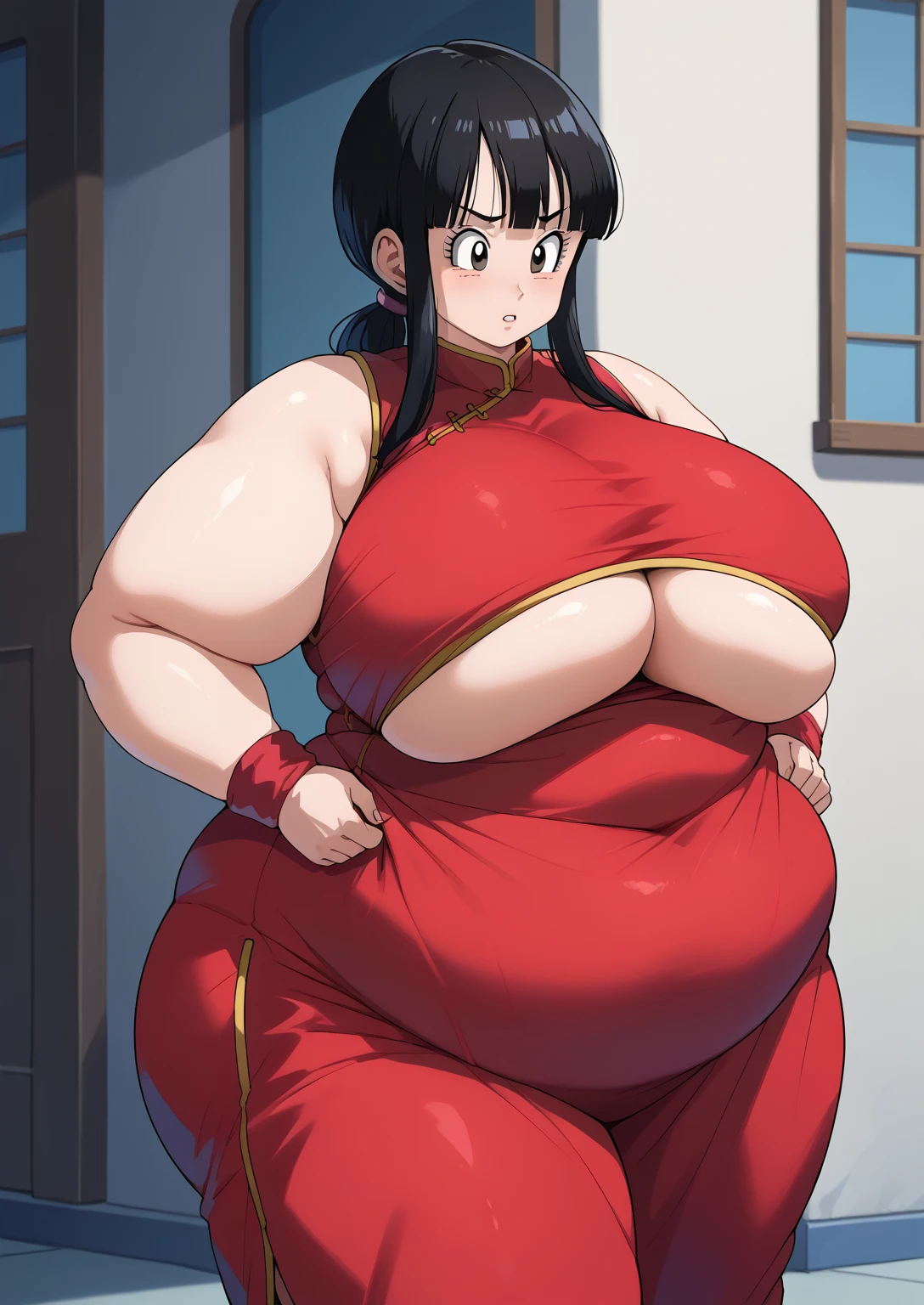 dragon ball　chichi, long hair, Black Hair, ((low ponytail)), side lock,  dark eyes, ((blue china dress)),　 sleeveless ,  red pants ,   red wristband ,  side slits,  score_9,   score_8_ up,   score_7_ up,   score_6_ up,   score_5_ up,   score_4_ up,     masterpiece   ,   top quality,     So Aesthetic ,    absurd,    Source_Anime, Anime screencap,    one woman , Alone,   personal   ,  Super huge breasts, ((( super huge clevis , Super huge , Super huge boob))), Curvy,   chubby,  Mature Woman,   obese ,  troubled expression, ssbbw,  embarrassing expression, Outdoor