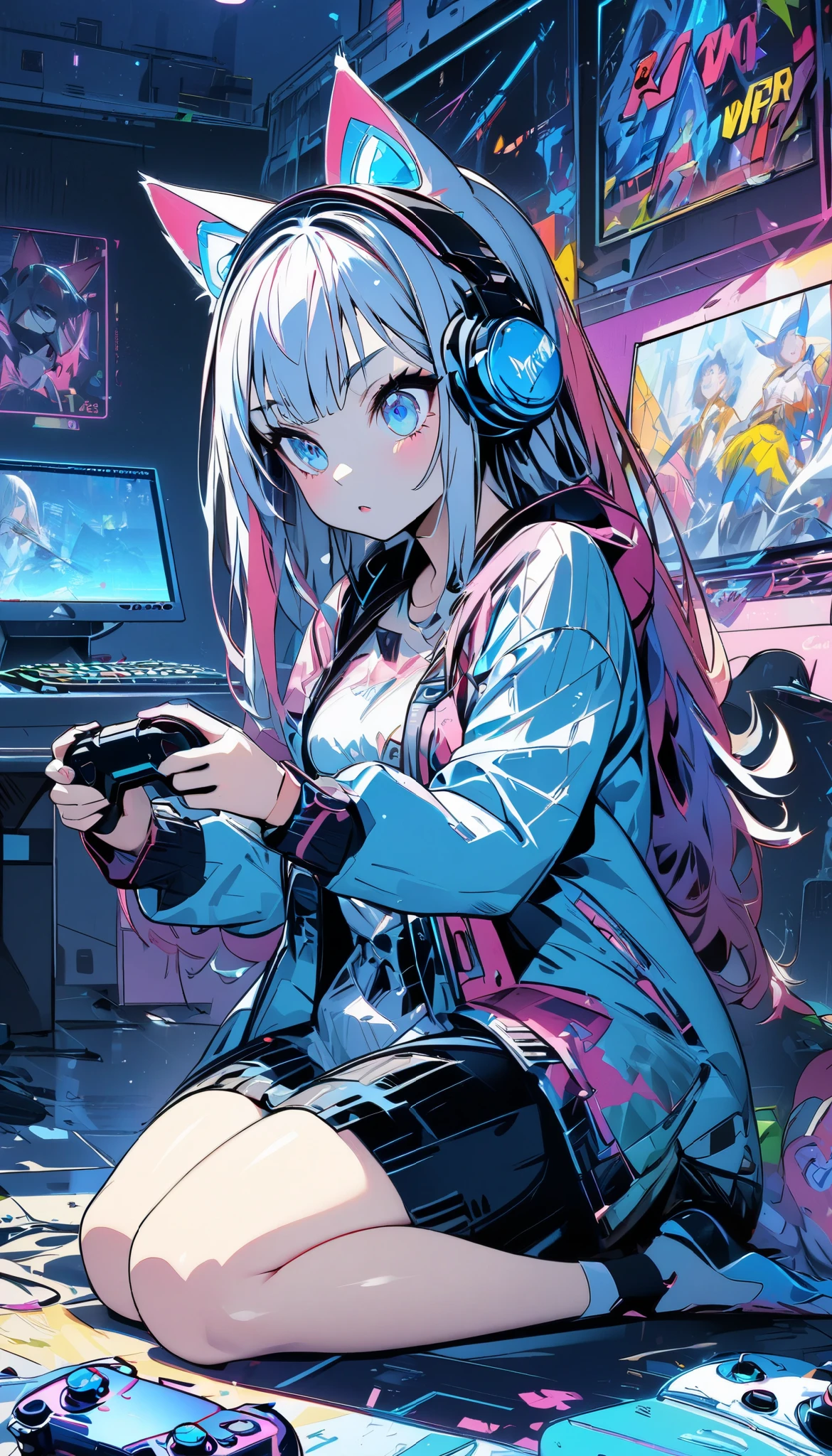 (masterpiece, top quality :1.2,超 high res, Detailed description 、 high detail 、correct、 high res )、 One Girl 、 wariza、Gaming PC、Holding a controller、Cat ears headset、 playing games in the room、Pop art style、 graffiti