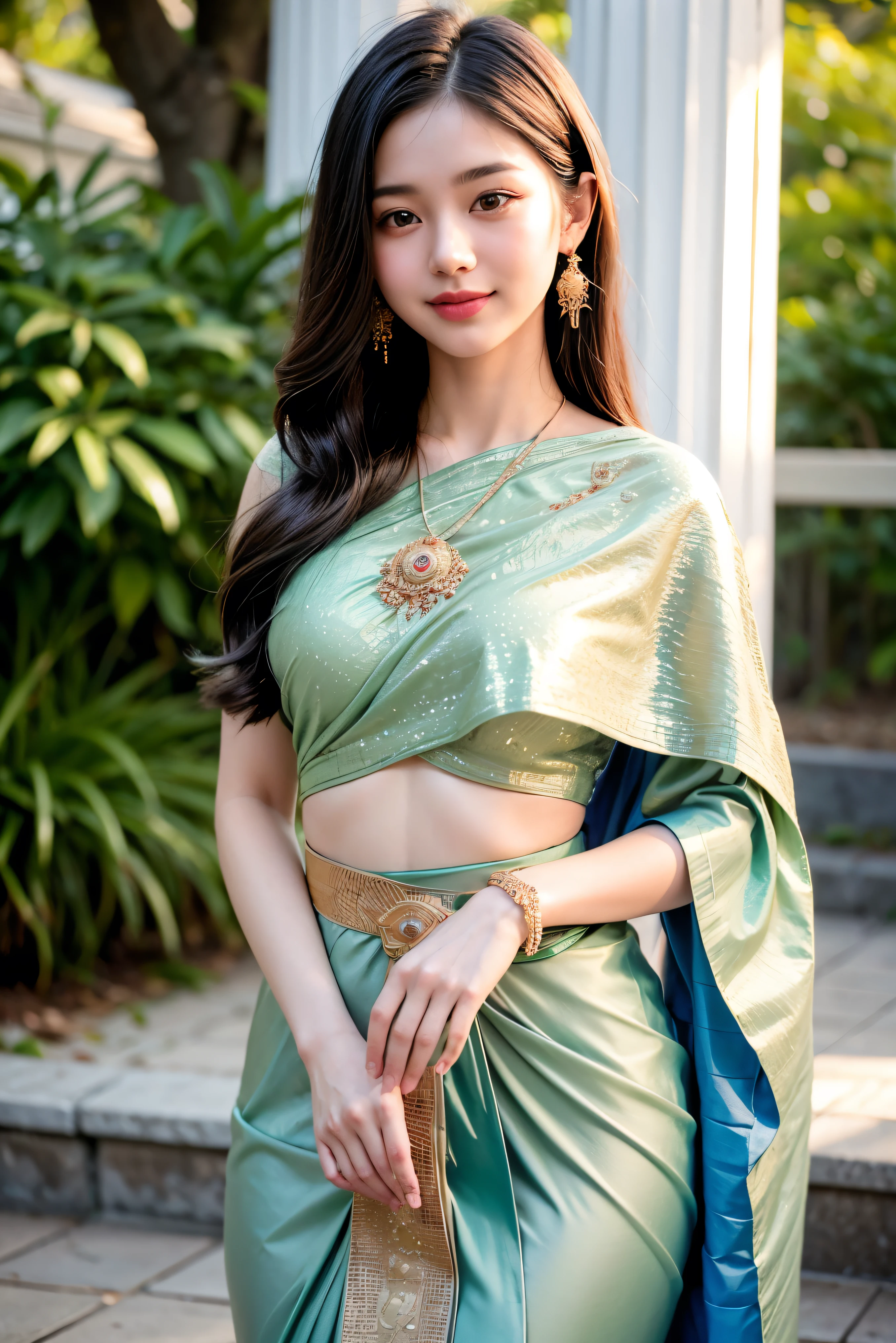 8K, ultra high detailed, an thai girl, cute face, happy, long hair, impressive hairstyle, detailed eyes, detailed lips, indian clothes, saree, green saree, lace, wearing jewellery, nature background, flowers, afternoon, shadow, clear weather, whole body capture, cute smile, nsfw