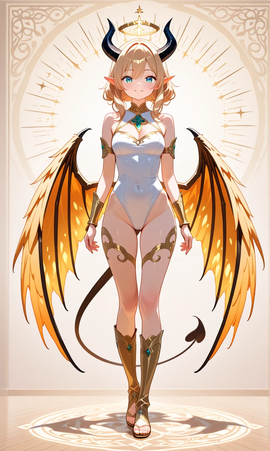 a full body image of a a hybrid draenei bloodelf woman with long ears and heavy draenei horns, gigantic breasts, long tail with ornaments, a pair of wings (w1ngs), narrow waist, wide hips, glowing gold eyes, white tinted skin, gold hair, facial tattoos, gold necklace and pendant, gold choker, gold hair jewellery and tiara, long high ponytail hair, revealing white bra, draenei jewellery over the body, very detailed face, in a cyborg machine body with cables and wires connected, future mecha uniform, she has and glowing gold eyes, shiny gold hair in the form of a pixie cut with white glowing highlights, jewelry over the body including on the tail and the horns, horn ornaments, glowing tattoos and lightforged gold ornaments on the skin, gold glowing gems embedded into the horns and skin she wears a white chic outfit with gold highlights, she's wearing white sandals on her elf feet, she has no hooves, visible bellybutton, in a magical forest with a lake, the sunwell is behind, we can see her feet, intricate details, sunset hours, photorealistic,8k,best quality,masterpiece,score_9_up, score_8_up,score_7_up,