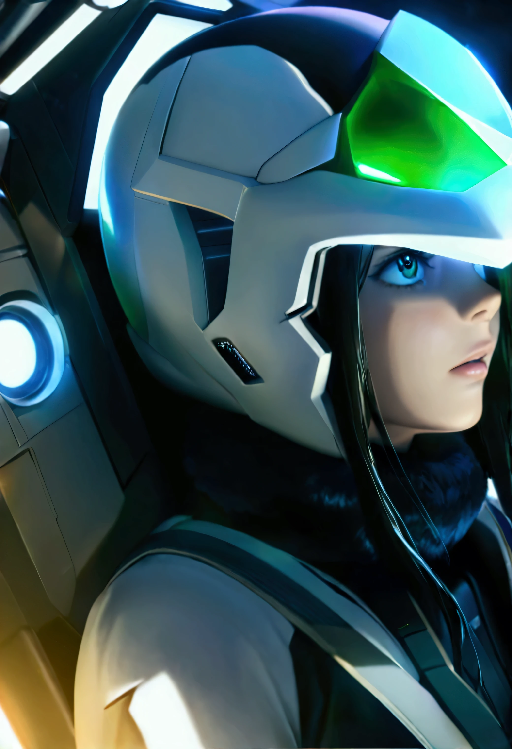   Gundam Wing Cockpit,  WOMAN PILLING IN THE COCKPIT ,  complicated details, High definition and beautiful 、Sophisticated, Great quality, (masterpiece), ( High Quality ), Wallpaper 8k CG,  high res,  extremely detailed,  Photorealistic ,  1 girl,  very beautiful detailed face and eyes, Green, Beautiful detailed jewel-like eyes ,  white full face helmet with transparent face guard,  Beautiful Detailed Face on the Helmet , White Space Suit, Twinkling Star々THE SPECTACULAR UNIVERSE ,  Beautiful Space Views from the Cockpit , Countless Stars, Countless Stars, Magnificent space,   delicate background with penguins surrounding the area , Luminous particles,  complicated details,