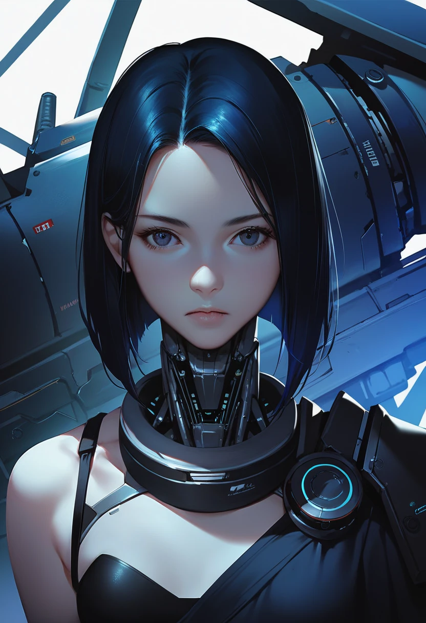 One woman, mature, anime, female anime character, dark eyes, expressionless, black hair, sharp face,artificial skin, black slim mechanical body frame, small chest, black cloak, elster, cyborg , mechanical jaw, mechanical neck, robotic, detailed anime character art, dark, facing center, close-up portrait, sharp focus, zPDXL3.