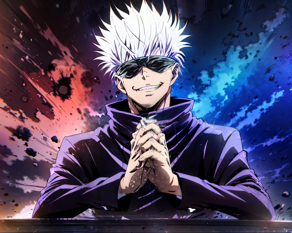 (tmasterpiece, beste-Qualit: 1.2), male focus, 1boy, Gojo Satoru, ssmile, hands in pocket, blindfold, black jacket, (Masterpiece:1.3),(Best Quality:1.2),8K,absurdress,Unity 8K WallPapper,(Extremely detailed:1.3),supreme, hight resolution, Amazing, illustartion, Beautiful studio soft light, Stunningly beautiful, incredibly absurdres, Vivid details, Cinematic lighting, moody lighting, pixiv, Award-winning, Professional, Highly detailed, Gojo1, solo, looking a viewer, Smile, Short hair, long sleeves, 1boy, Standing, jacket, upper-body, white colored hair, male focus, Hand Up, grin, spiked hair, facing viewer, (red background:1.1), high collar, blindfold, (Magic:1.3), (Aura:1.3), covered eyes,