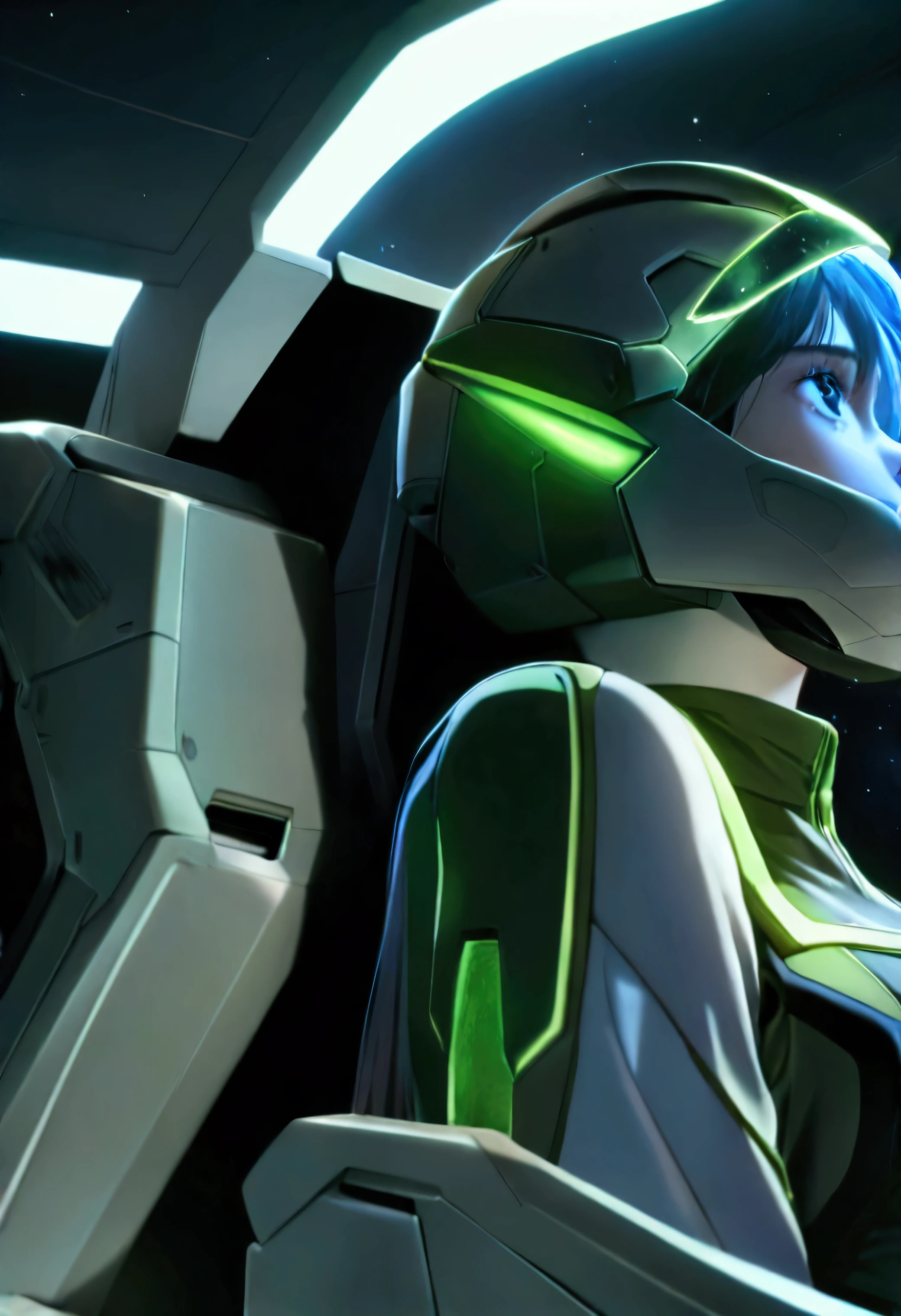 Gundam Wing Cockpit, WOMAN PILLING IN THE COCKPIT , complicated details, High definition and beautiful 、Sophisticated, Great quality, (masterpiece), ( High Quality ), Wallpaper 8k CG, high res, extremely detailed, Photorealistic , 1 girl, very beautiful detailed face and eyes, Green, Beautiful detailed jewel-like eyes , white full face helmet with transparent face guard, Beautiful Detailed Face on the Helmet , White Space Suit, Twinkling Star々THE SPECTACULAR UNIVERSE , Beautiful Space Views from the Cockpit , Countless Stars, Countless Stars, Magnificent space, delicate background with penguins surrounding the area , Luminous particles, complicated details,