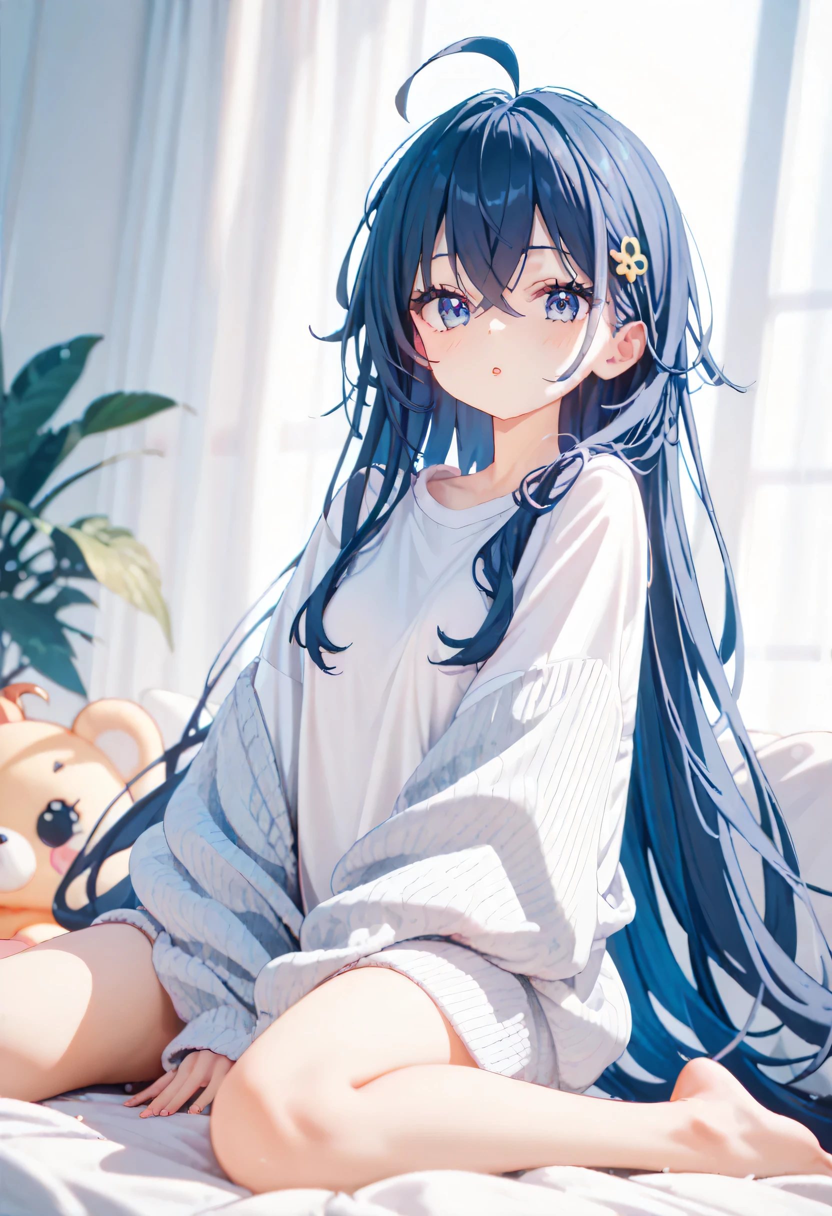Kamisonoda, Umi Sonoda, long hair, blue hair, (yellow eyes:1.5) (flat chest:1.2),One girl sleeping with her eyes closed，Waking up,sleepy,A slightly open big shirt,black string underwear,barefoot,smile，Bedroom，the light goes out， covered with a blanket， windows，ロマンチックなmorning日,morning,extreme light，
break indoors, Bedroom, 
break (masterpiece:1.2), highest quality, High resolution, unity 8k wallpaper, (figure:0.8), (beautiful and fine eyes:1.6), highly detailed face, perfect lighting, Very detailed CG, (perfect hands, perfect anatomy),