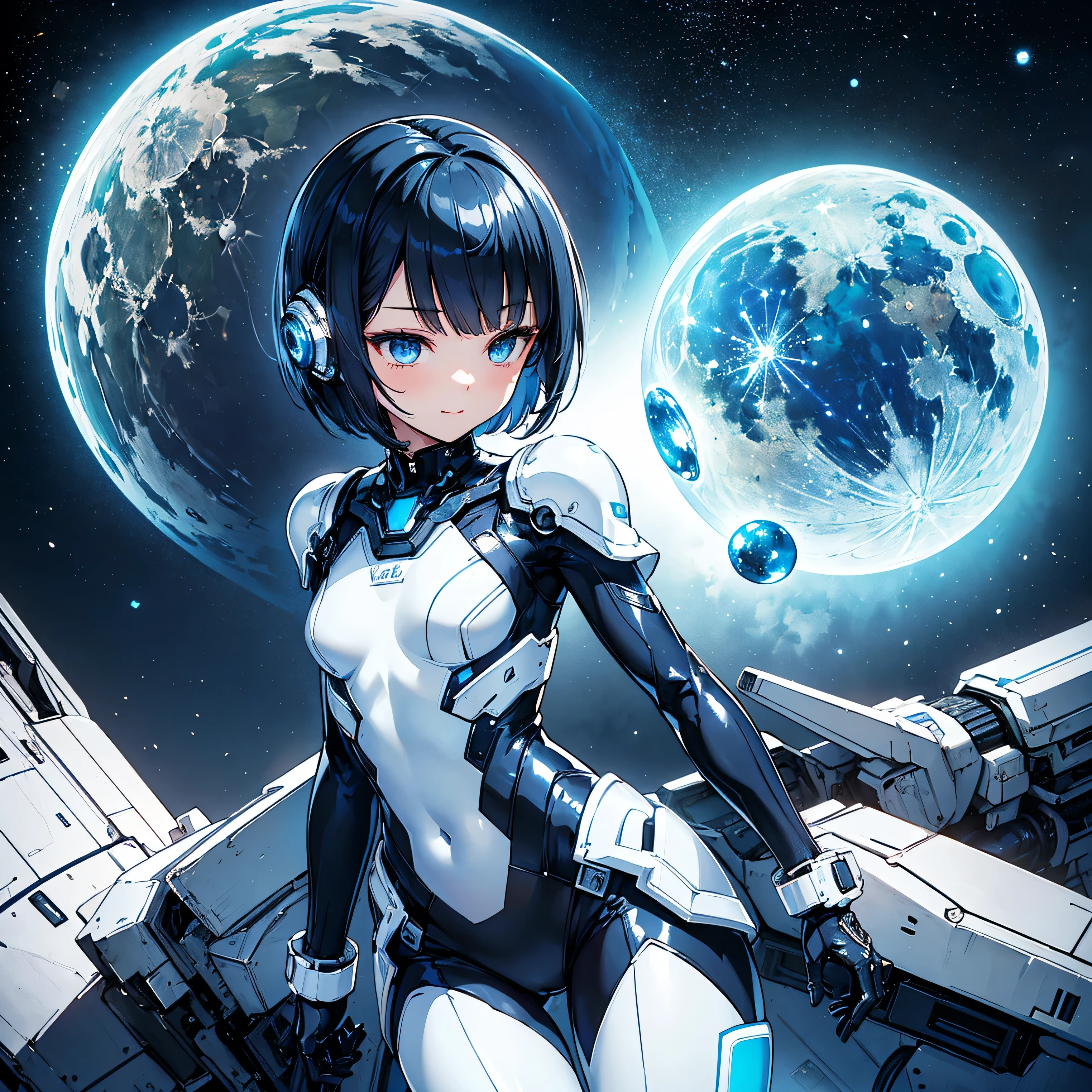 (masterpiece、 top quality 、 highest resolution、 clear_image、 Detailed Details): (Whole body、A 20 year old girl、Japanese Faces、 small face、 slender、 dark blue super short bob cut hair、(Hidden small breasts:1.3)、Sparkling blue eyes 、 white, blue, and black shiny pilot suit、Chest protection armor、Tight fitting clothes、Clothing that covers the whole body、Glamorous clothes、 tight fit pants 、Hide your skin、 very delicate and beautiful、Detailed Skin、Hide your thighs、Hide your ass、 cute、A gentle smile、Soft expression、heroine、 headset、 long boots、Elbow-length gloves、 eye level shot、Peace talks between warring factions,attention arousal, Clever Blue Eyes,Face directly、 woman on a spaceship )、 background、Moon in the background、shiny pilot suit in white, blue and black colors with galaxy clouds on the background 