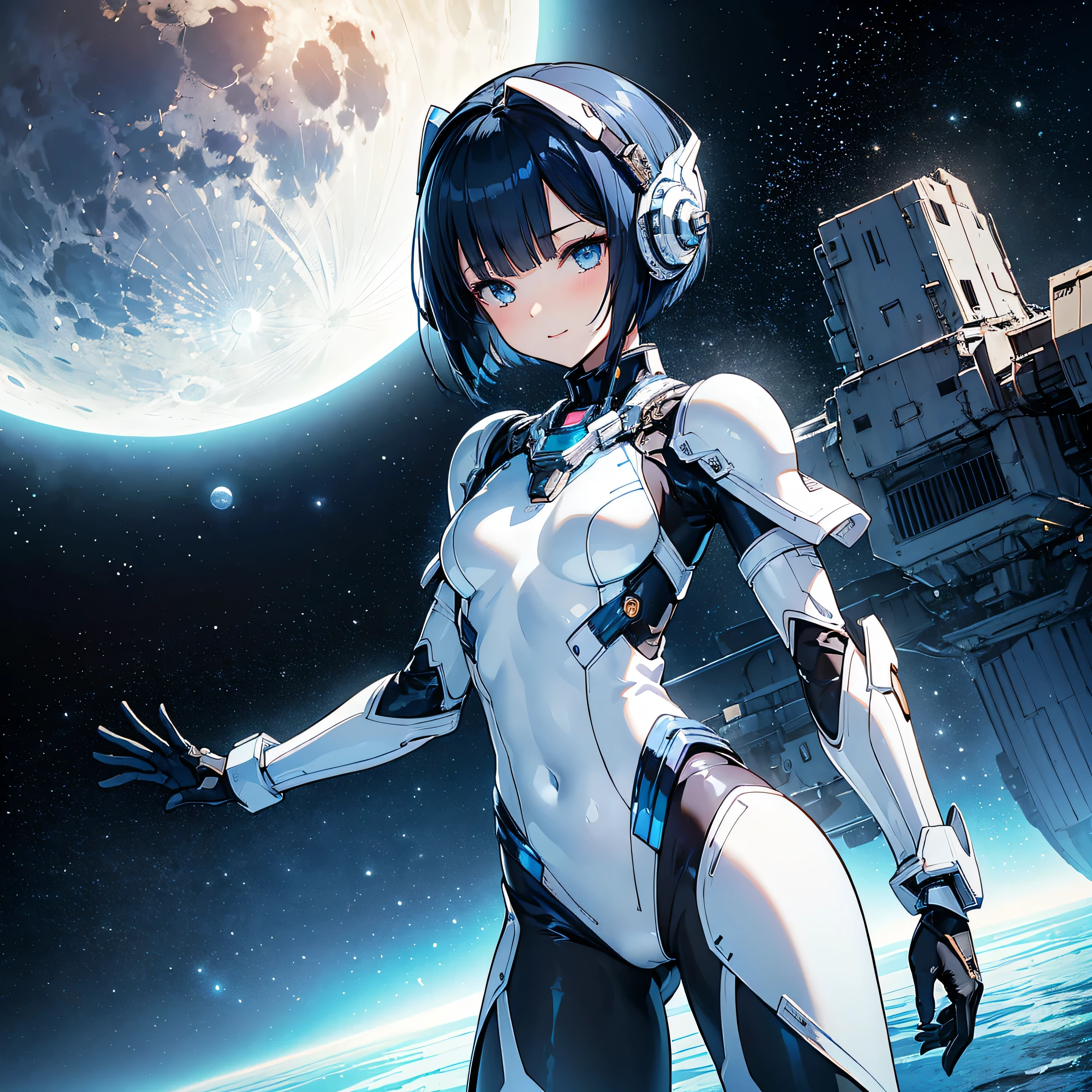 (masterpiece、 top quality 、 highest resolution、 clear_image、 Detailed Details): (Whole body、A 20 year old girl、Japanese Faces、 small face、 slender、 dark blue super short bob cut hair、(Hidden small breasts:1.3)、Sparkling blue eyes 、 white, blue, and black shiny pilot suit、Chest protection armor、Tight fitting clothes、Clothing that covers the whole body、Glamorous clothes、 tight fit pants 、Hide your skin、 very delicate and beautiful、Detailed Skin、Hide your thighs、Hide your ass、 cute、A gentle smile、Soft expression、heroine、 headset、 long boots、Elbow-length gloves、 eye level shot、Peace talks between warring factions,attention arousal, Clever Blue Eyes,Face directly、 woman on a spaceship )、 background、Moon in the background、shiny pilot suit in white, blue and black colors with galaxy clouds on the background 