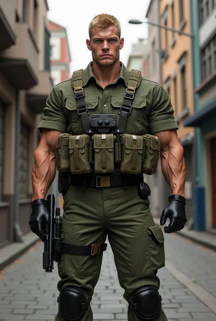 Muscular chris redfield on duty, full uniform, full body, bulge, bright, zombie apocalypse background, look into viewer