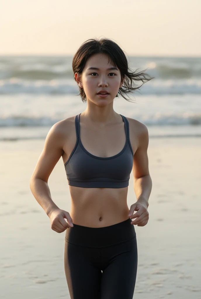 ((masterpiece, real, realistic, UHD resolution, 8k, original, clear, detailed, alive, very detailed, original photo))), ******girl, beautiful, cute, innocent, sexy, neat short black hair, wearing a sports bra, breasts small flat, wearing tight short leggings, running on the beach, afternoon, sunset,