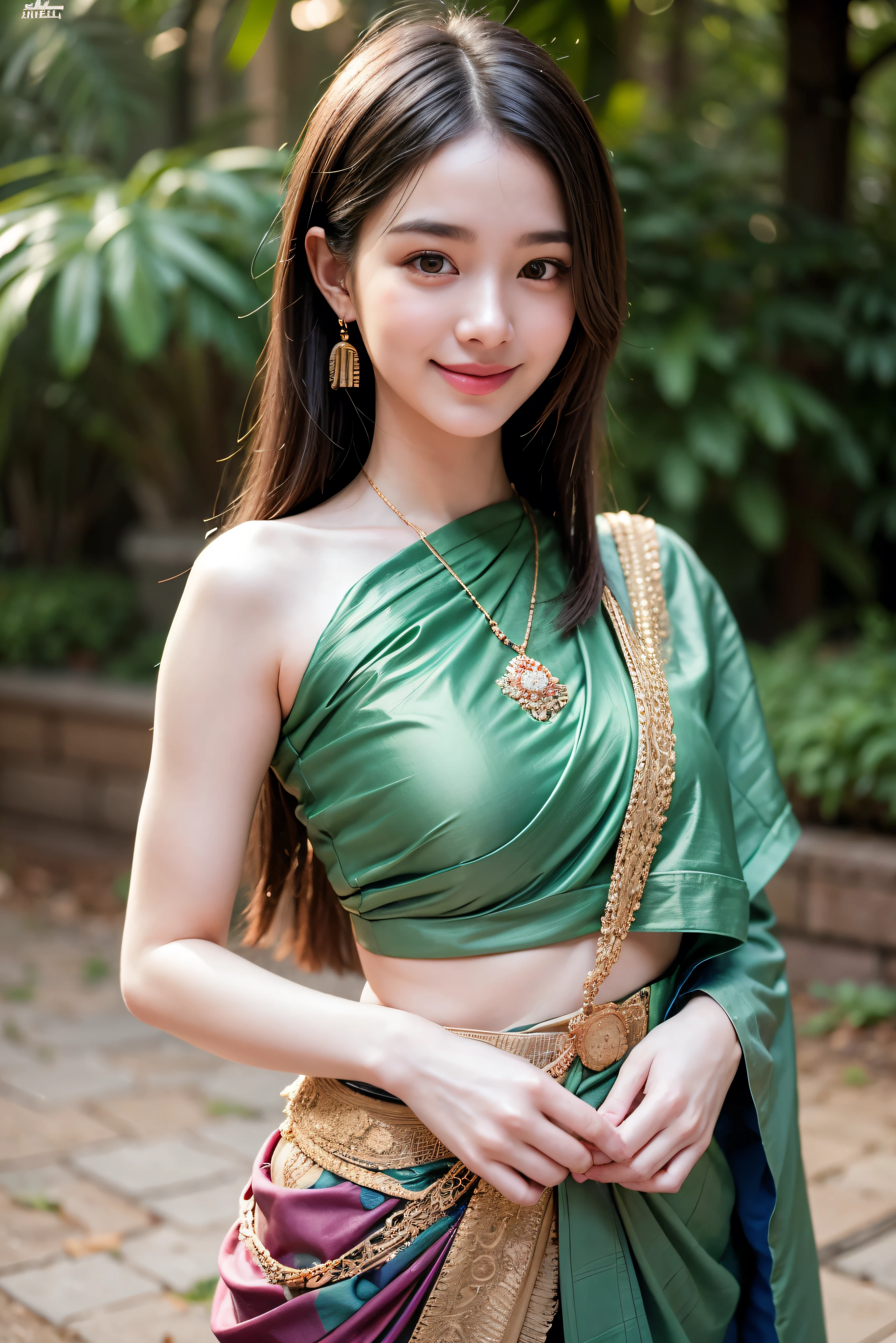 8K, ultra high detailed, an thai girl, cute face, happy, long hair, impressive hairstyle, detailed eyes, detailed lips, indian clothes, saree, green saree, lace, wearing jewellery, nature background, flowers, afternoon, shadow, clear weather, whole body capture, cute smile, nsfw