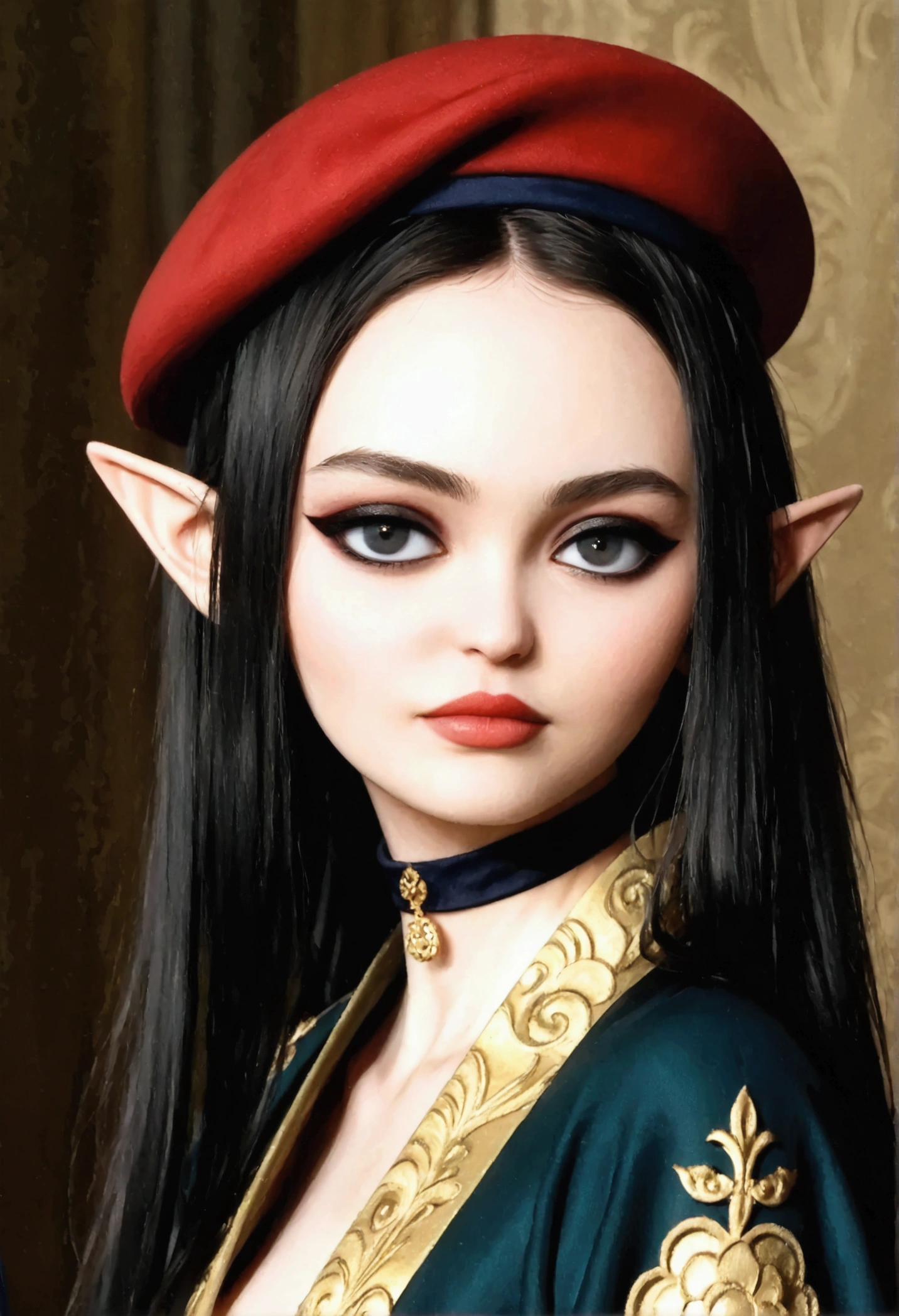 Create a portrait illustration of a petite, European, elf-like female character with regal features. (oval-shaped face), (small eyebrows), (expressive almond-shaped eyes), (dark eyeliner), (long bold eyelashes), (glossy red lips), (black eyes), (full lips), (small upturned nose), (elegant and dramatic look), (pale complexion), (rosy cheeks), (long straight black hair), (sleek and polished), (absurdly long hair), (elongated pointed elf ears), (fantasy aesthetic). (navy-blue kimono), (red beret), (gold accents), (minimalistic yet regal), (white collar layered beneath navy-blue fabric), (gold trim along edges), (decorative red and white obi), (dark blue seigaiha wave motifs), (sophisticated traditional design), (black choker), (modern contrast with traditional attire), (calm and contemplative), (air of mystique), (traditional Japanese clothing), (fantasy modern fusion), (balanced and captivating visual identity), (refined anime realism), (clean rendering), (ultra-detailed textures), (polished finish), (glossy finish), (dramatic lighting), (8K resolution).