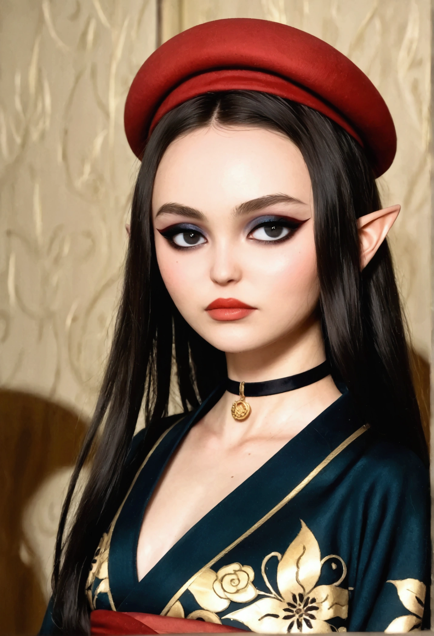 Create a portrait illustration of a petite, European, elf-like female character with regal features. (oval-shaped face), (small eyebrows), (expressive almond-shaped eyes), (dark eyeliner), (long bold eyelashes), (glossy red lips), (black eyes), (full lips), (small upturned nose), (elegant and dramatic look), (pale complexion), (rosy cheeks), (long straight black hair), (sleek and polished), (absurdly long hair), (elongated pointed elf ears), (fantasy aesthetic). (navy-blue kimono), (red beret), (gold accents), (minimalistic yet regal), (white collar layered beneath navy-blue fabric), (gold trim along edges), (decorative red and white obi), (dark blue seigaiha wave motifs), (sophisticated traditional design), (black choker), (modern contrast with traditional attire), (calm and contemplative), (air of mystique), (traditional Japanese clothing), (fantasy modern fusion), (balanced and captivating visual identity), (refined anime realism), (clean rendering), (ultra-detailed textures), (polished finish), (glossy finish), (dramatic lighting), (8K resolution).