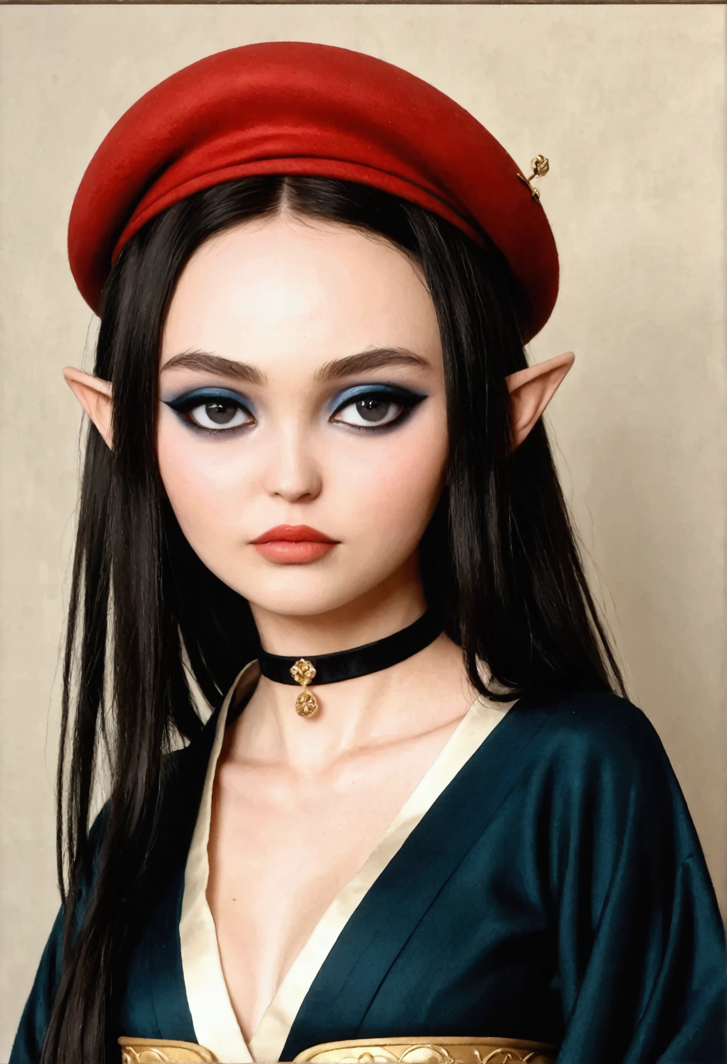 Create a portrait illustration of a petite, European, elf-like female character with regal features. (oval-shaped face), (small eyebrows), (expressive almond-shaped eyes), (dark eyeliner), (long bold eyelashes), (glossy red lips), (black eyes), (full lips), (small upturned nose), (elegant and dramatic look), (pale complexion), (rosy cheeks), (long straight black hair), (sleek and polished), (absurdly long hair), (elongated pointed elf ears), (fantasy aesthetic). (navy-blue kimono), (red beret), (gold accents), (minimalistic yet regal), (white collar layered beneath navy-blue fabric), (gold trim along edges), (decorative red and white obi), (dark blue seigaiha wave motifs), (sophisticated traditional design), (black choker), (modern contrast with traditional attire), (calm and contemplative), (air of mystique), (traditional Japanese clothing), (fantasy modern fusion), (balanced and captivating visual identity), (refined anime realism), (clean rendering), (ultra-detailed textures), (polished finish), (glossy finish), (dramatic lighting), (8K resolution).