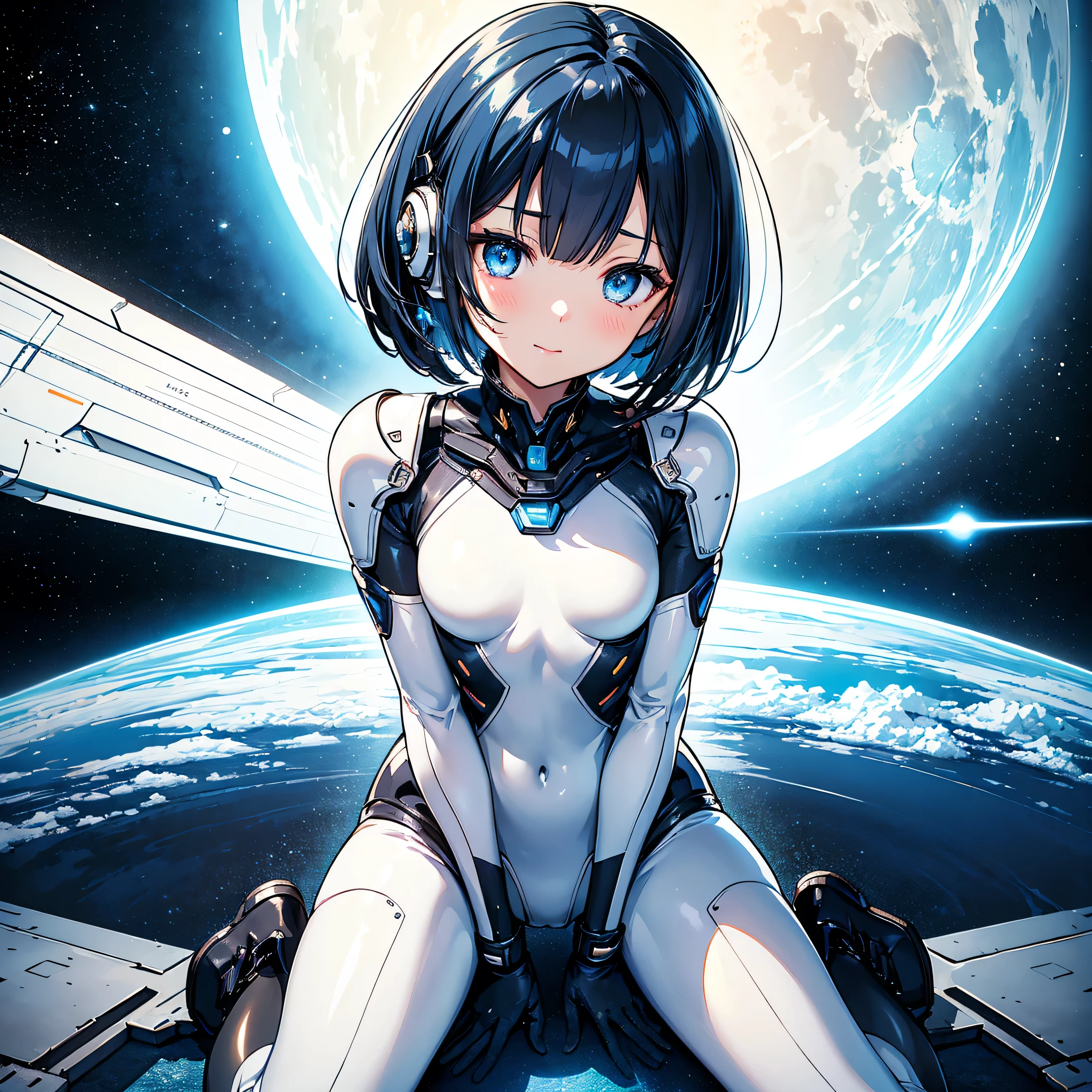 (masterpiece、 top quality 、 highest resolution、 clear_image、 Detailed Details): (Whole body、A 20 year old girl、Japanese Faces、 small face、 slender、 dark blue super short bob cut hair、(Hidden small breasts:1.3)、Sparkling blue eyes 、 white, blue, and black shiny pilot suit、Chest protection armor、Tight fitting clothes、Clothing that covers the whole body、Glamorous clothes、 tight fit pants 、Hide your skin、 very delicate and beautiful、Detailed Skin、Hide your thighs、Hide your ass、 cute、A gentle smile、Soft expression、heroine、 headset、 long boots、Elbow-length gloves、 eye level shot、Peace talks between warring factions,attention arousal, Clever Blue Eyes,Face directly、 woman on a spaceship )、 background、Moon in the background、shiny pilot suit in white, blue and black colors with galaxy clouds on the background 