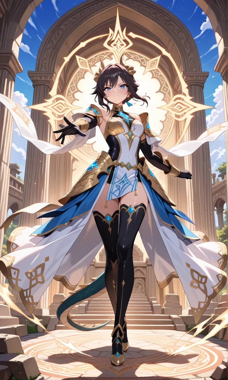 (((masterpiece, best quality, 16K)))((Full body shot)) of a fearless paladin with unparalleled beauty, featuring long, dark hair and striking blue eyes. She wears intricately designed draconic armor that glimmers with a mystical aura. Her armor is adorned with dragon scales and ornate patterns, giving it both an imposing and elegant appearance. In her hand, she wields a magnificent sword, the blade shimmering with a divine light, etched with runes of power. She stands in a majestic, celestial landscape, with radiant light filtering through the clouds, casting a holy glow upon her. The ground beneath her is a mix of ancient stones and sacred symbols, glowing softly as if infused with holy energy. Surrounding her are ethereal figures in shades of gold and white, their presence adding to the divine ambiance. The background features towering, ancient ruins and magnificent, skyward-reaching structures, hinting at a grand, heavenly stronghold. The scene is inspiring and powerful, with her face showing a serene yet determined expression, her eyes locked onto her noble mission.

[Best quality], [Masterpiece], [Ultra-detailed], [4k], {inspiring|majestic} atmosphere, celestial landscape, {dynamic pose|noble stance}, radiant illumination, {soft shadows|divine lighting}, {glowing ancient stones:0.7}, {ethereal figures:0.6}, {heavenly architecture:0.5}, {towering ruins:0.4}, {skyward-reaching structures:0.3}.