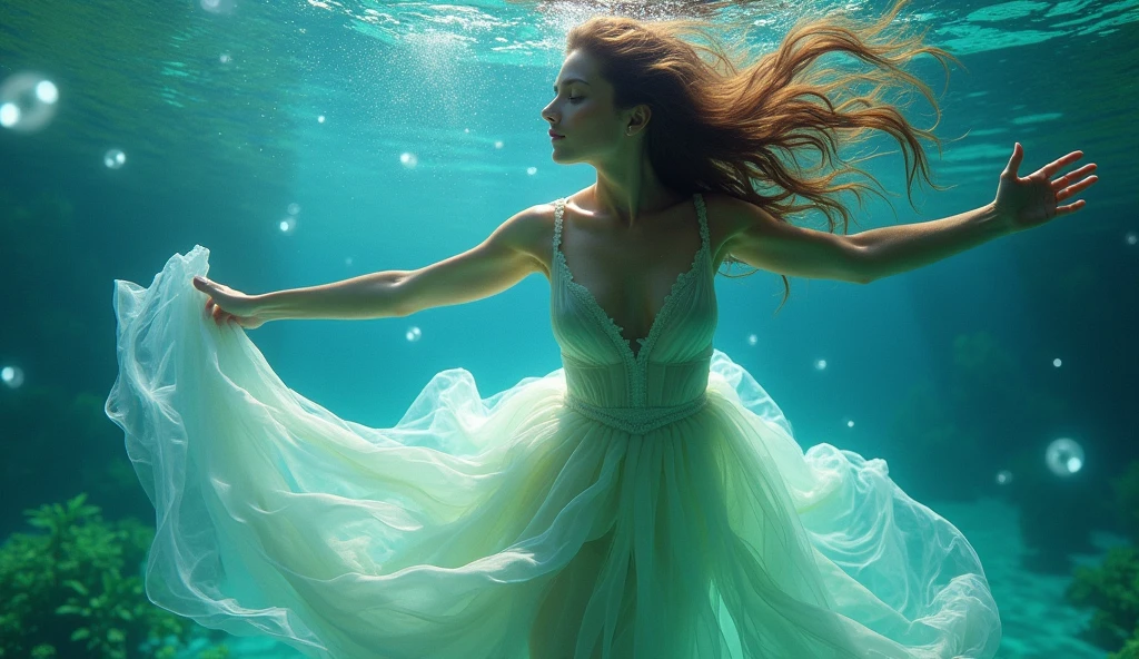 Uma foto realista de uma silhueta de uma bailarina, com pose flutuante no oceano, arms spread, realista --auto --s2