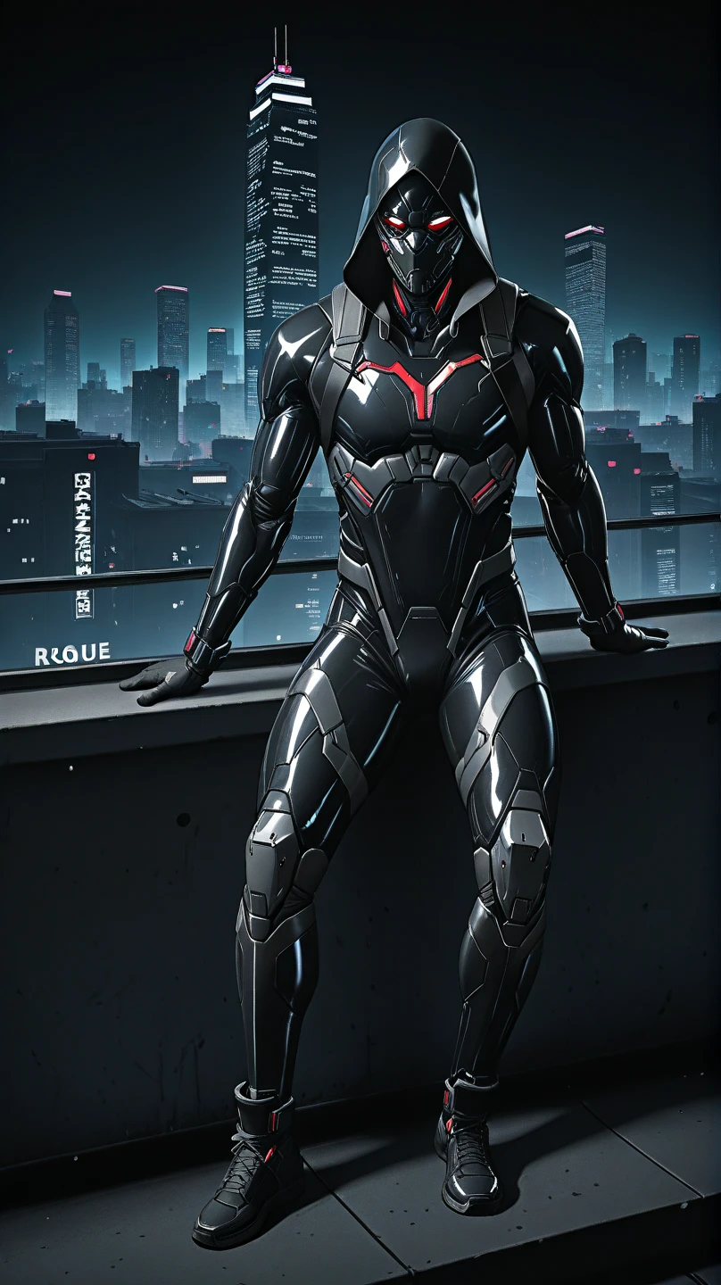 A full-body image of a muscular adult male.black leather full-body image 、and hood, a hooded person in invisible armor . wears leather armor, Tights.epic ninja suit, rogue.Leather fit to cover the whole body. smooth leather .Boy Teenage Assassin , stealth suit , cyberpunk assassin , stand on the roof of a skyscraper. . black night . Dark atmosphere .Low light.Weak lights cast dramatic shadows. Weird cyberpunk atmosphere . cyberpunk city.Futuristic tech style,robot,mecha skin,latex bodysuit .whole body image.Handheld composite mechanical giant bow.full body photo
