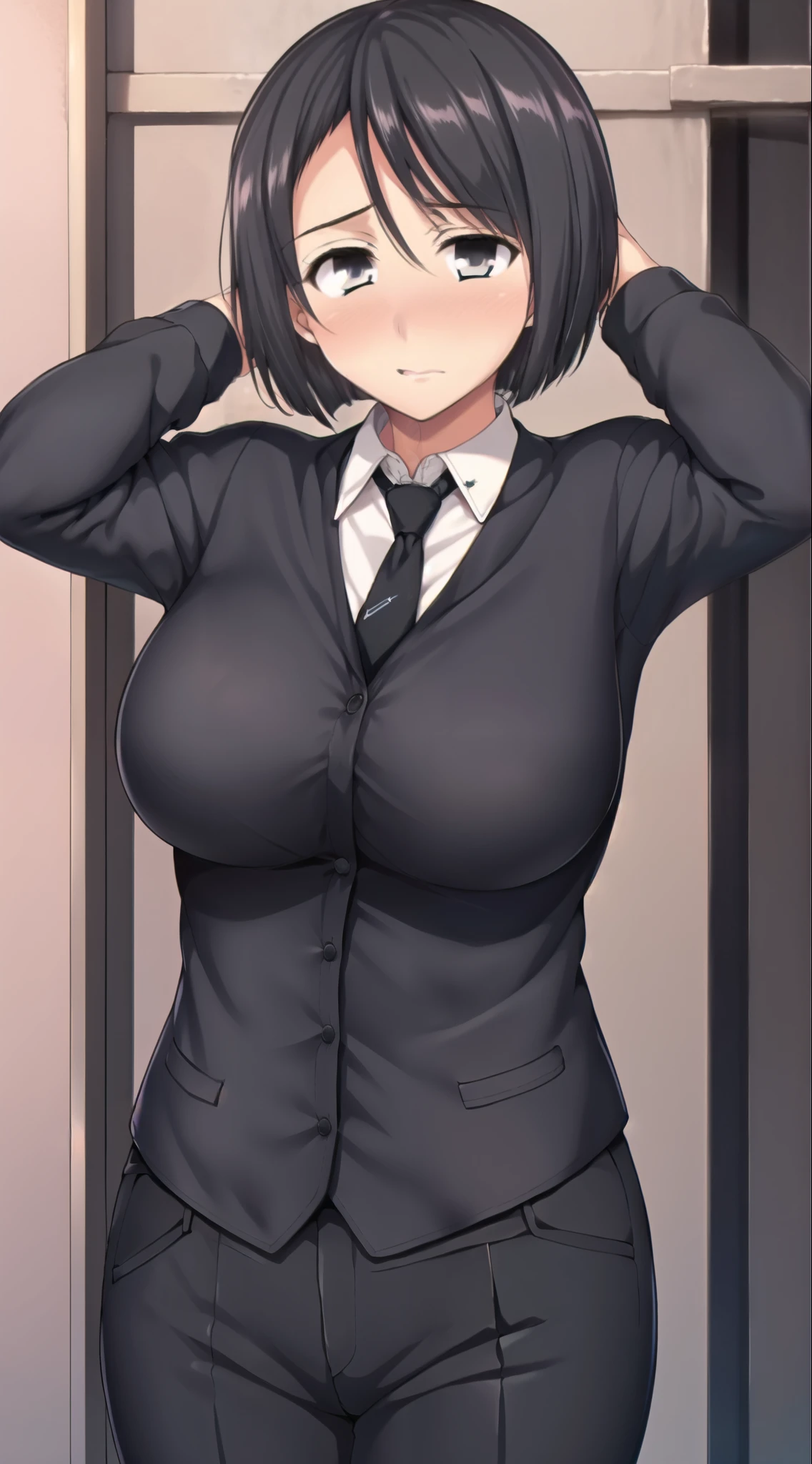 sexy body,, bob cut, , 1girl, standing, black hair, short hair, bangs, MAKIMA, ((white shirt)), long sleeves, necktie, stare, shy, blush, , black eyes, black necktie, hands over head, cowboy shot, breasts, outdoors, black pant,
