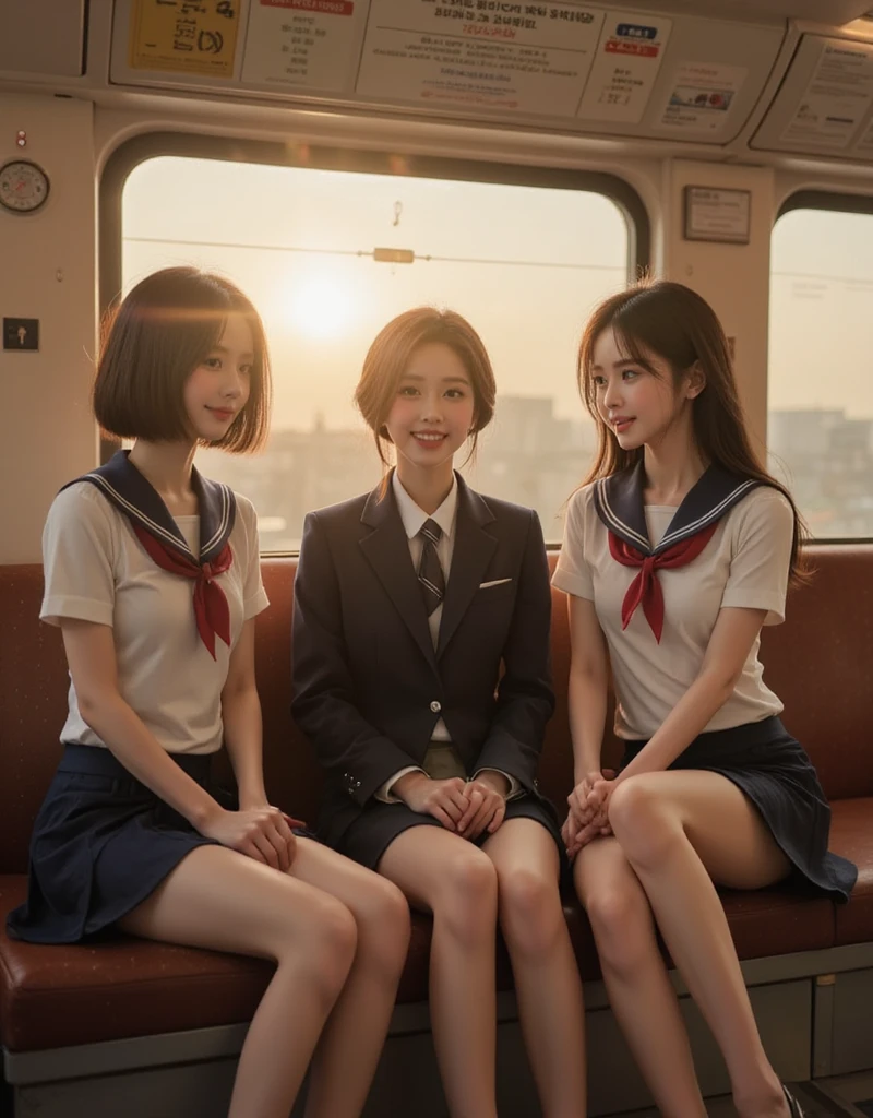 A photorealistic, high-definition image showing three slim Japanese teenage girls sitting side by side on a train bench, bathed in the soft golden glow of sunset light streaming through the windows. The first girl, with short bobbed hair, wears a classic sailor uniform; the second wears a blazer-style sailor uniform; and the third, with long straight hair, wears a traditional sailor uniform. Their expressions are full of joy and friendship as they engage in a lively conversation, with the warm light creating a serene and dreamy train cabin atmosphere.