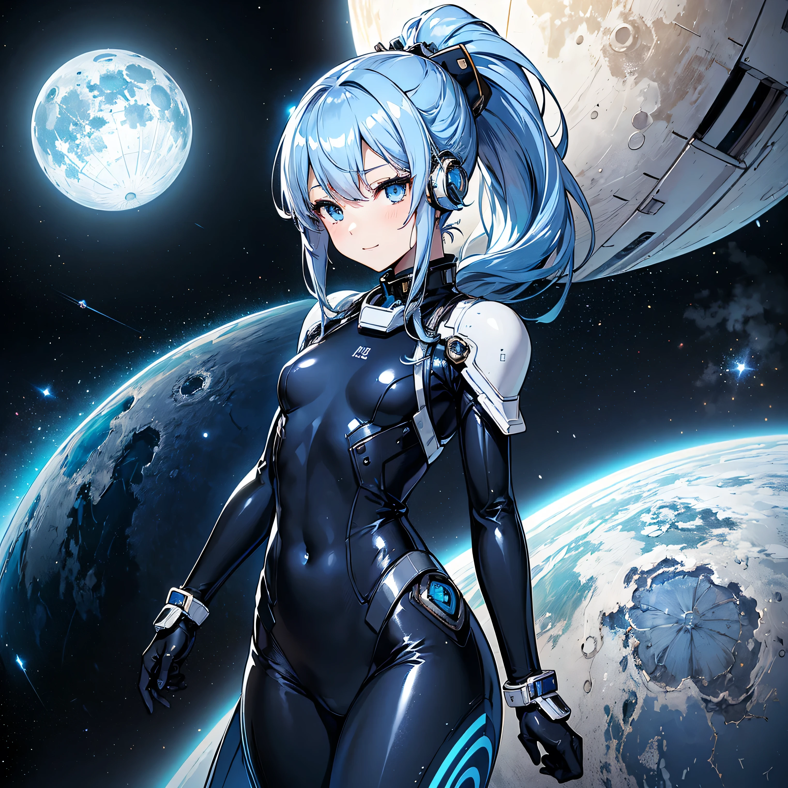 (masterpiece、 top quality 、 highest resolution、 clear_image、 Detailed Details): (Whole body、A 20 year old girl、Japanese Faces、 small face、 slender、Navy blue high knot ponytail、、(Hidden small breasts:1.3)、Sparkling blue eyes 、 white, blue, and black shiny pilot suit、Chest protection armor、Tight fitting clothes、Clothing that covers the whole body、Glamorous clothes、 tight fit pants 、Hide your skin、 very delicate and beautiful、Detailed Skin、Hide your thighs、Hide your ass、 cute、A gentle smile、Soft expression、heroine、 headset、 long boots、Elbow-length gloves、 eye level shot、Peace talks between warring factions,attention arousal, Clever Blue Eyes,Face directly、 woman on a spaceship )、 background、Moon in the background、shiny pilot suit in white, blue and black colors with galaxy clouds on the background 