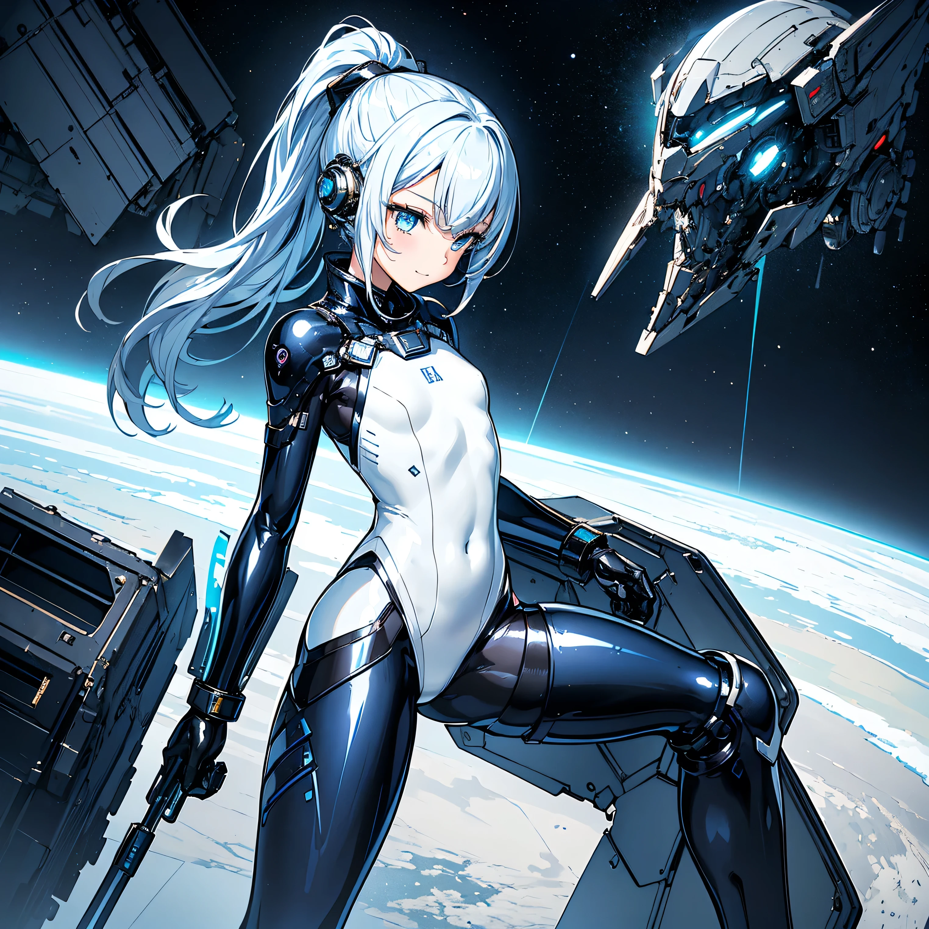 (masterpiece、 top quality 、 highest resolution、 clear_image、 Detailed Details): (Whole body、A 20 year old girl、Japanese Faces、 small face、 slender、Navy blue high knot ponytail、、(Hidden small breasts:1.3)、Sparkling blue eyes 、 white, blue, and black shiny pilot suit、Chest protection armor、Tight fitting clothes、Clothing that covers the whole body、Glamorous clothes、 tight fit pants 、Hide your skin、 very delicate and beautiful、Detailed Skin、Hide your thighs、Hide your ass、 cute、A gentle smile、Soft expression、heroine、 headset、 long boots、Elbow-length gloves、 eye level shot、Peace talks between warring factions,attention arousal, Clever Blue Eyes,Face directly、 woman on a spaceship )、 background、Moon in the background、shiny pilot suit in white, blue and black colors with galaxy clouds on the background 