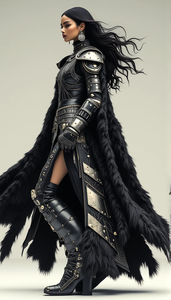 A fashion model dressed in a futuristic interpretation of Viking attire, with a focus on rugged, natural materials like fur and leather, combined with sleek, modern cuts and metallic embellishments. The outfit has a powerful silhouette, with flowing capes and structured armor-like elements that evoke both ancient warrior strength and futuristic design. The modelâs stance is commanding, and the background is kept minimal to highlight the intricate details of the garment, blending the raw power of Viking history with modern fashion aesthetics, elegant pose,
from behind, looking back, (from above:0.6), (dutch angle:0),cowboyshot,
wind, floating hair, looking away, midjourney_whisper_avant_couture, 