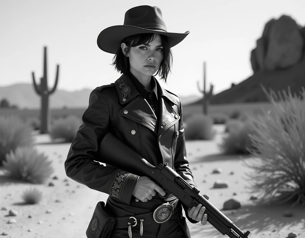 Ultra-realistic photo in Black and White, ultrawide shot,  of an enigmatic young female gunman with delicate yet masculine features, short hair hidden under her hat. Wearing an old rawhide cowboy jacket with intricate embroidery, rustic leather hat, holding an old double-barreled ifle, knives tied to her belt. Desolate, semi-arid location with dry branches, steppes, cactus trees, big rocks. cinematic shot, high film grain, Canon EOS R5, Ilford HP5 400 Plus --ar 1:1 --v 6 --s 100 --quality 1