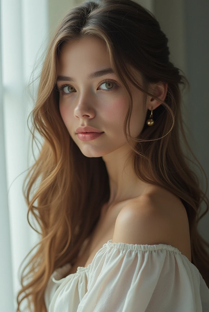 18 year old girl, juvenile skinny body, slim waist, pale skin, Influencer, dark eye makeup, smokey eyes, solo, looking at viewer, dark brown eyes, ash blonde hair, crowded tavern background, white dress, deep neckline, huge bursting breasts, bare shoulders, upper body, grey background, full lips, eyelashes, portrait, many light freckles, realistic, cute sexy face, extremely deep neckline, busty, (freckles:1.05),(freckled cleavage:1.25)