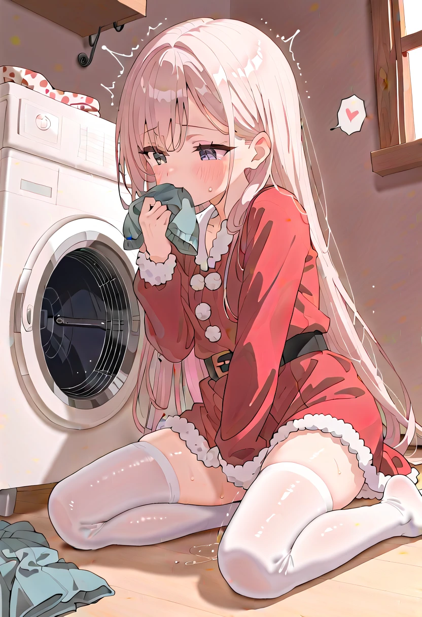 (masterpiece,beautiful,hughres,CG,8k,16k,best quality,high-resolution,detailed fingers,detailed hands,detailed legs,detailed eyes:1.5),anime,source anime,illustration,panties focus,1girl,solo,(夜,indoors,a washing machine ,laundry basket:1.5),(on floor:1.2),(white hair:1.5),(very long hair,straight hair:1.5),(christmas,santa costume,skirt,white tights:1.3),(white panties:1.6),small breasts,sitting,(smelling clothes,smelling,kunka:1.4),covering mouth,(skirt tug:1.5),(m legs,folded:1.4),(female orgasm,pussy juice:1.3),(trembling:1.4),(gasping,heavy breathing,blush:1.5),(impatience1.1),flustered,(fidgeting around:1.4),(steam:1.2),(sweat skin:1.4),(streaming tears:1.2),drooling,looking away,(looking down:1.4),(spoken heart:1.2),(narrow one's eyes:1.6)
