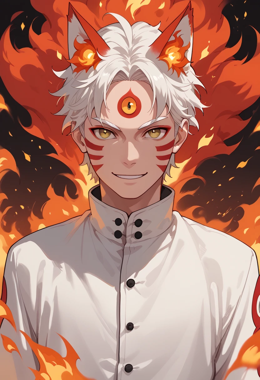 man, fire hair, white skin, red face paint, anime style, fire, yellow eyes, white hair, third eye on forehead, smile, cat eyes, fire powers, natural skin, kitsune, short hair, strong, japanese background