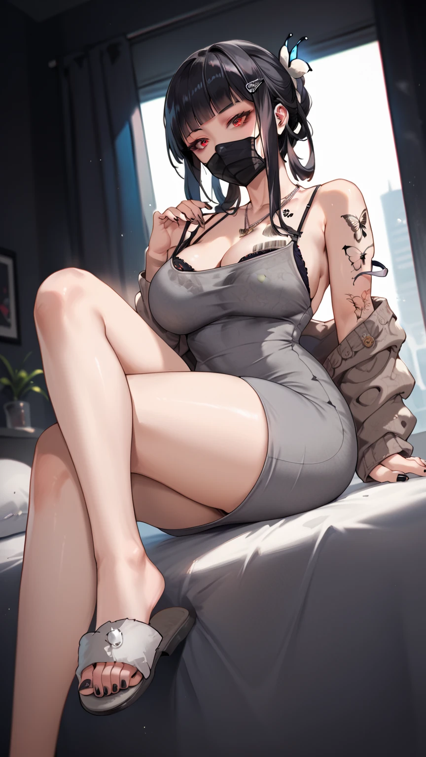 score_9, score_8_ up, score_7_ up,  Source_Anime,  One girl , Alone, indoor,  bed,  sitting,  cowboy shot,   viewers,  pubic skin, d_Kwe ,  red eyes,  black hair,  long hair, side lock, blunt bangs,  hair clip,  hair accessories, breast tattoo,  barcode tattoo  ,   Arm Tattoo  , Butterfly Tattoo,  gray dress ,  dongtan dress , pencil dress, spaghetti strap,  clevis on a stone,  black bra,  a sneak peek at a bra ,  cardigan , Bare shoulders,  off-shoulder,  Long Sleeve , Black nails,  nail polish, slippers,  toeless footwear ,  necklace,  black mask ,  neck mask , Black Bag, from below, arm s upport, close- up