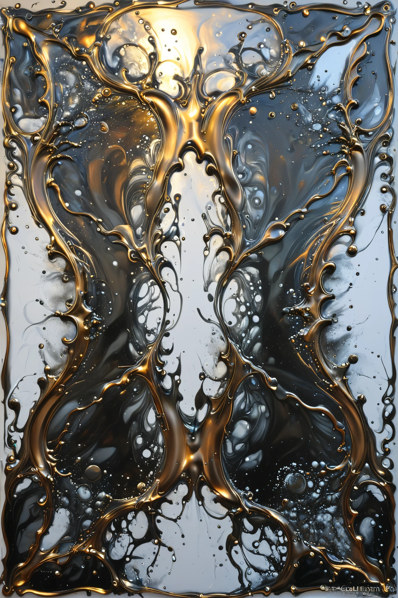 CalliyF, a metallic abstract painting, molten liquid metal splashing, frames around the painting, 