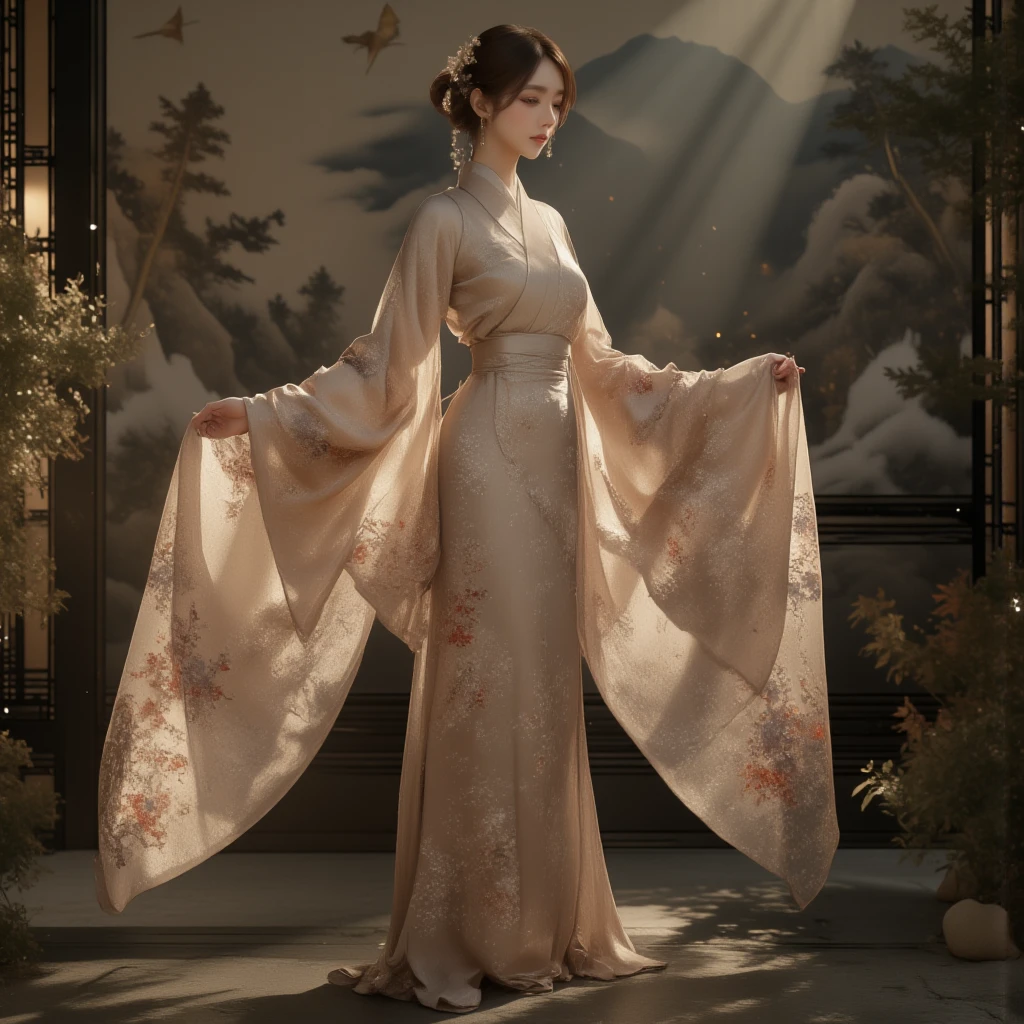 A breathtaking and ultra-artistic portrayal of a serene and sophisticated East-Asian woman standing gracefully in an intricate blend of traditional and modern elegance. She is adorned in a luxurious silver dress with dazzling floral and crane motifs in gold, red, and purple, flowing into an ankle-length, form-fitting pencil skirt that exudes timeless refinement. The dress's intricate patterns shimmer subtly under dramatic, high-contrast lighting.

She holds a delicate lace shawl embroidered with exquisite floral designs, draped over her shoulders and extended outward with both hands in a strikingly graceful pose. The translucent lace catches the interplay of light, creating mesmerizing shadows and highlights that add depth and dimension. Her expression is poised and serene, with a faint, confident smile that conveys quiet strength and elegance.

The atmosphere is charged with a profound artistic gravity, where beams of light pierce through a shadowy, minimalist background, casting dramatic contrasts between light and darkness. This interplay creates a striking chiaroscuro effect, emphasizing the textures of her attire and the delicate, ethereal quality of the lace shawl. The scene feels monumental and timeless, embodying the essence of light and shadow in a composition that evokes both delicacy and power.

Her expression is serene, with a gaze slightly lowered, evoking quiet introspection and poise. She completes the outfit with sleek silver heels that complement the metallic accents of the dress. The background features a subtle blend of Japanese-inspired murals, with golden cranes in flight, pine trees, and flowing water patterns, illuminated by dramatic cinematic lighting to create an atmosphere of timeless beauty and harmony.