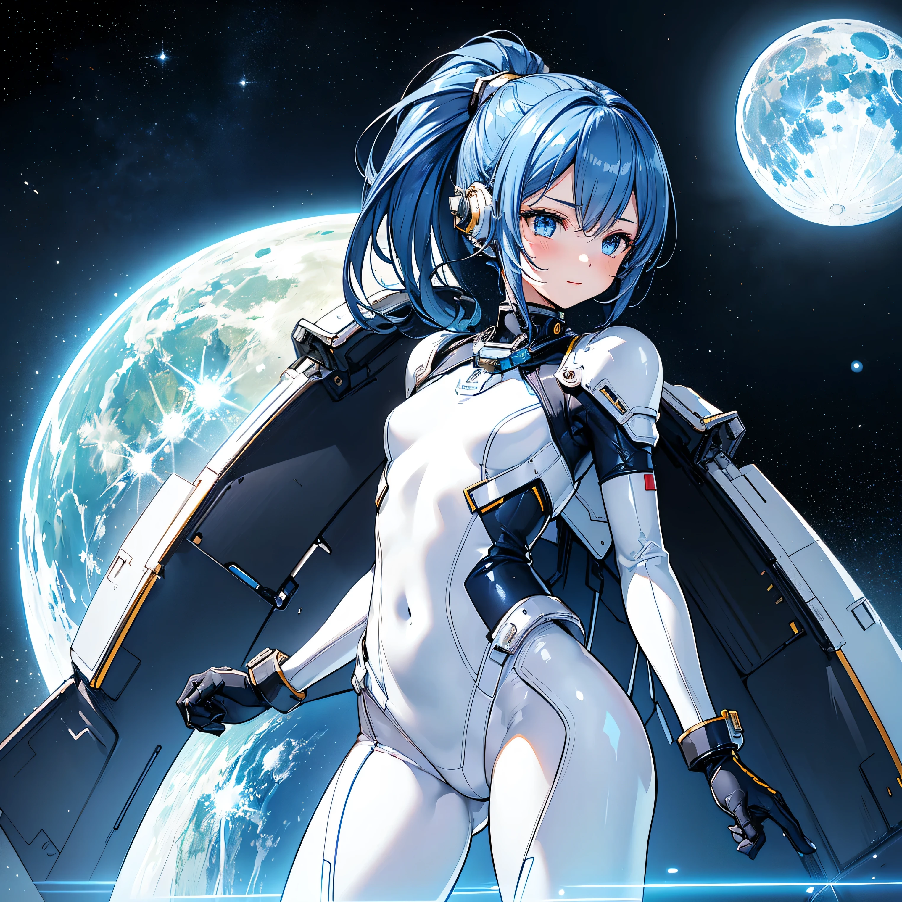 (masterpiece、 top quality 、 highest resolution、 clear_image、 Detailed Details): (Whole body、A 20 year old girl、Japanese Faces、 small face、 slender、Navy blue high knot ponytail、、(Hidden small breasts:1.3)、Sparkling blue eyes 、 white, blue, and black shiny pilot suit、Chest protection armor、Tight fitting clothes、Clothing that covers the whole body、Glamorous clothes、 tight fit pants 、Hide your skin、 very delicate and beautiful、Detailed Skin、Hide your thighs、Hide your ass、 cute、A gentle smile、Soft expression、heroine、 headset、 long boots、Elbow-length gloves、 eye level shot、Peace talks between warring factions,attention arousal, Clever Blue Eyes,Face directly、 woman on a spaceship )、 background、Moon in the background、shiny pilot suit in white, blue and black colors with galaxy clouds on the background 