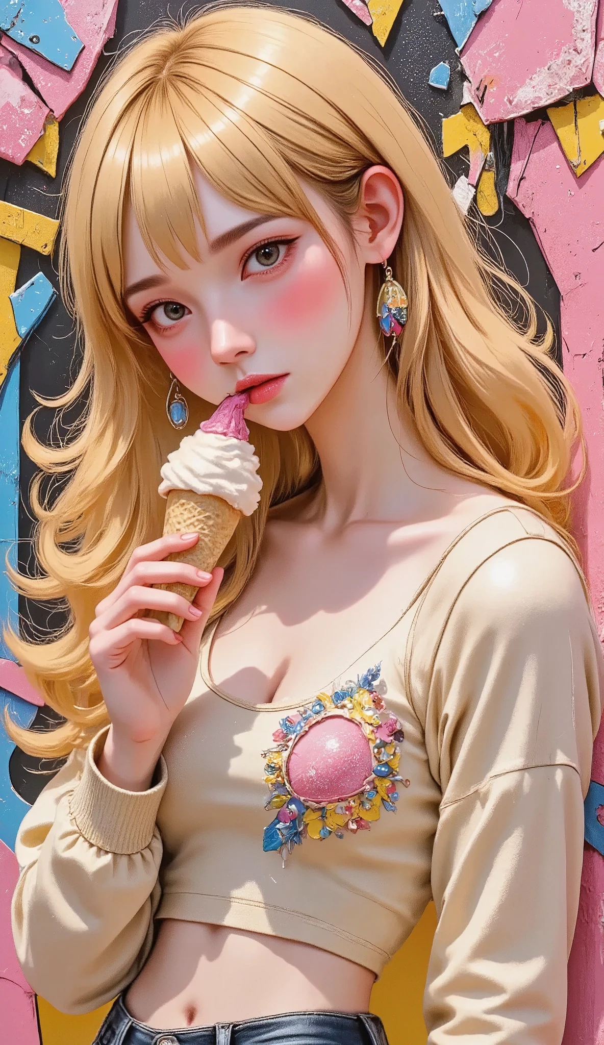 (  official art ,  beautiful and aesthetic  :1.2), (A blonde European girl with curly hair eating ice cream,  Anatomically correct :1.5), (fractal art:1.1), (colorful:1.1)(flores:1.3), highest detailed, (tangled:1.2),  full body hair drill, (  abstract background  :1.3), ( shiny leather), (many colors:1.4), (earrings), (feathers:1.5)