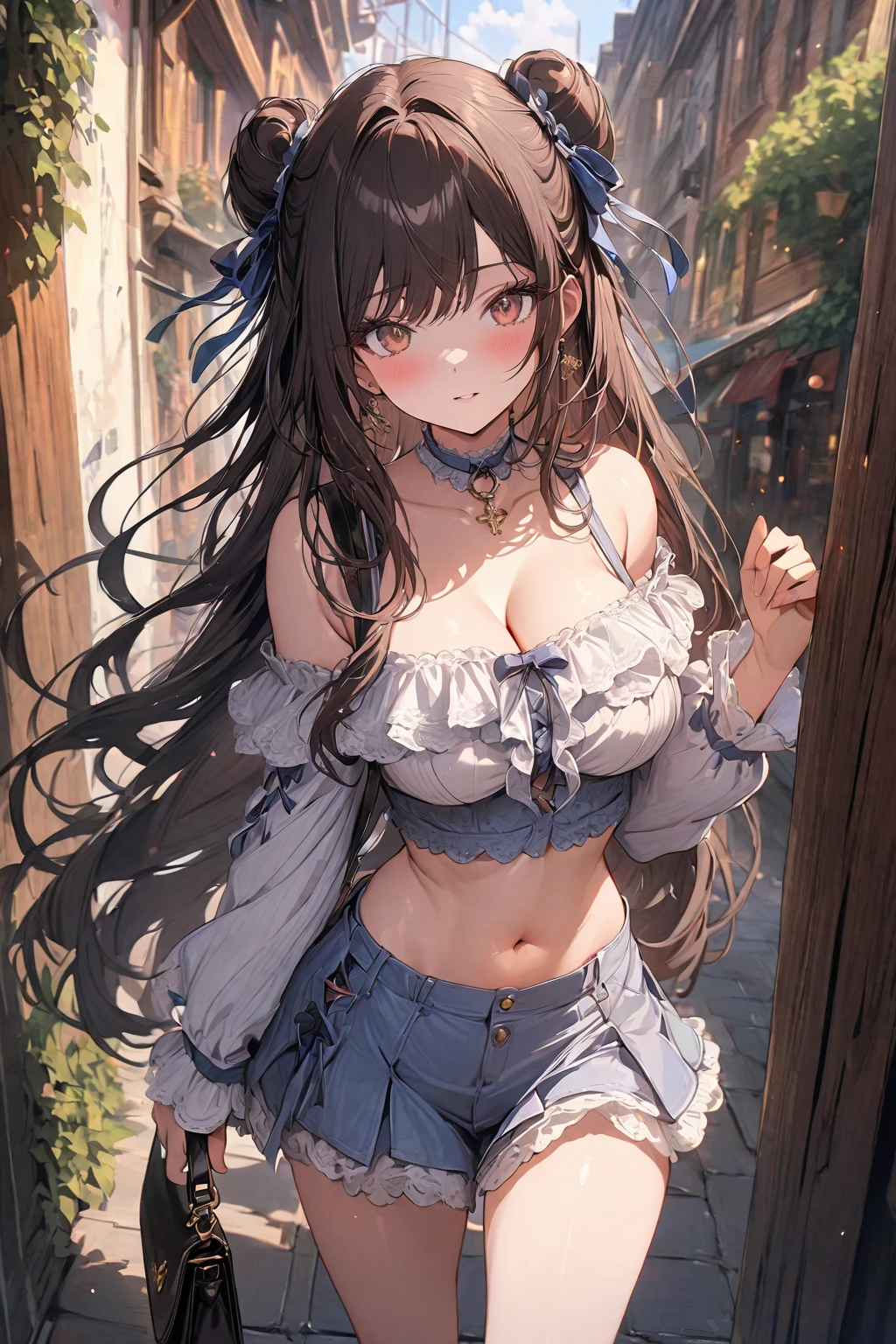 (masterpiece), best quality, very aesthetic, newest, absurdres, detailed, high quality
BREAK
highest quality, top quality, details, highres, ultra fine painting, digital art, official art, cinematic, 4k, 8k resolution, 8K CG wallpaper, CG, original artwork, detailed background, colorful background, blue atmosphere, High Dynamic Range, blurry background, blue hour, Starburst effects, crepuscular rays, good ISO, high resolution, wide shot, from far away, RAW photo, POV, sharp focus, light reflection, reflections, intricate details, soft light, particle noise, professional photography, bokeh, depth of field, natural lighting, vibrant colors, looking away, detailed lights and shadows, stylish, ultra-detailed, top rated on Pixiv, trending on Artstation, niji style, modern-days, master crafted, pose
BREAK
solo, (close up), 1girl, pale skin, correct fingers, detailed hand, (big breasts:1.2), big thighs, small torso, short body, flushtered, blush, anxious expression, embarassed, embarassed act, casual, slim, ((cute, childlike face):1.3), nice body, nice hips, brown hair, (very long flowing hair), (big 2 buns hairstyle)), long bangs, long hair, middle hair bangs, brown eyes
BREAK
(white frilly loose-fitting crop shirt, long sleeve, panties, pantsless, choker, casualwear style, detailed tummy, belly button, modern fashion)
BREAK
tranquil park scene, the park features lush, green grass, a variety of trees in different shapes and sizes, Include a vibrant flower garden with a mix of colorful blooms.
