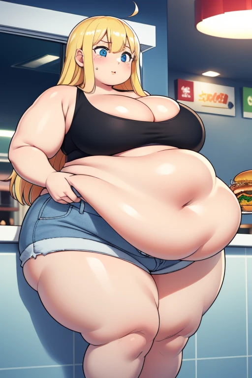 score_9, score_8_superior, score_7_superior, score_6_superior, sauce_anime, Low - Angle, From below, One girl, 1人のmaleの子, duo, big_female, small_male, size_difference, Are standing, Looking down, Look forward, obesity, break, Eating large amounts of food, maleから食べ物を奪う, Blonde, Huge breasts, massive legs, Huge Ass, Huge body