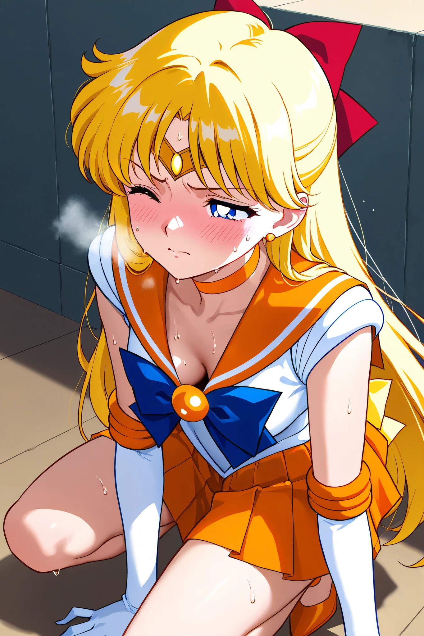 Sailor Venus is struggling in battle, gasping in pain and exhausted., bending forward and suffering、downblouse、 adult woman、hand,,fight、 Active Angles 、 dynamic composition 、aavenus, long hair, blonde hair, hair bow, tiara, earrings, blue eyes, orange choker, orange sailor collar, blue bow, white shirt, elbow gloves, white gloves, pleated skirt, orange skirt, Bare legs、clavicle、stable_Yogis_Animetoon_Negatives、wince、sweat、anxiety、Bad mood、blush、serious、 shortness of breath、