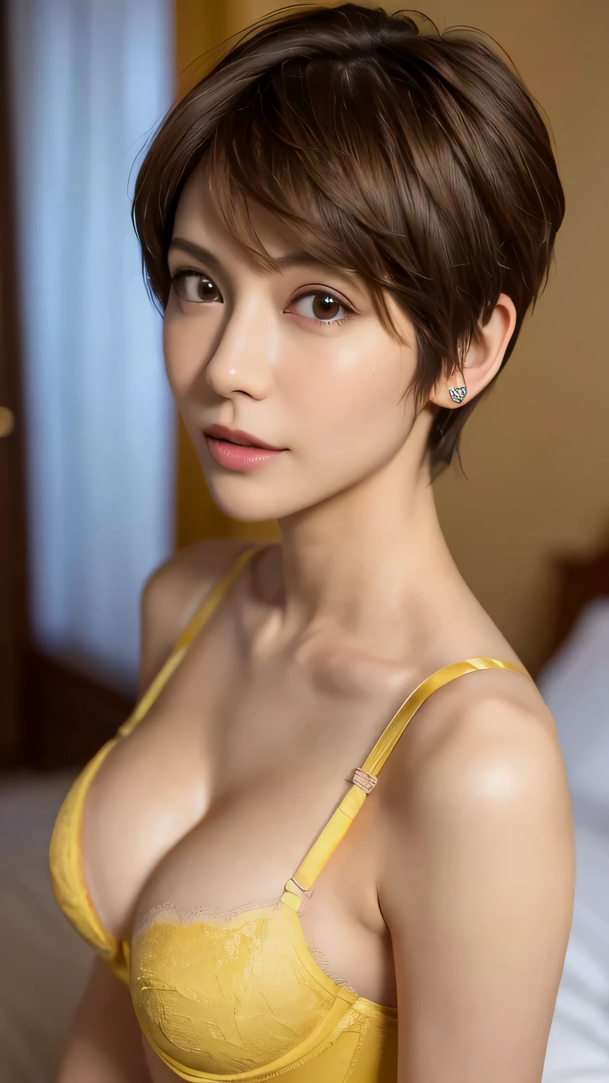 (8k、 Photorealistic :1.3、 Original photo、 top quality :1.2)、( women with super skinny bodies:1.4)、Beautiful appearance、( crunchy flat chest)、((Light brown hair 、 pixie cut 、Cecil Cut、 asymmetry、 disheveled super short hair:1.2))、 realistic brown eyes wrapping sheets around the body、 Beautiful details 、( beautiful natural makeup )（ Realistic Skin）、((yellow and blue 、 shiny lace bra :1.3)）、 charming、A sad expression、 super A high resolution、 super realistic、 high detail、( Chest to Head 、 Zoom Up )、( professional cool writing:1.2)、 luxury hotel suite background、 standing、 from the side