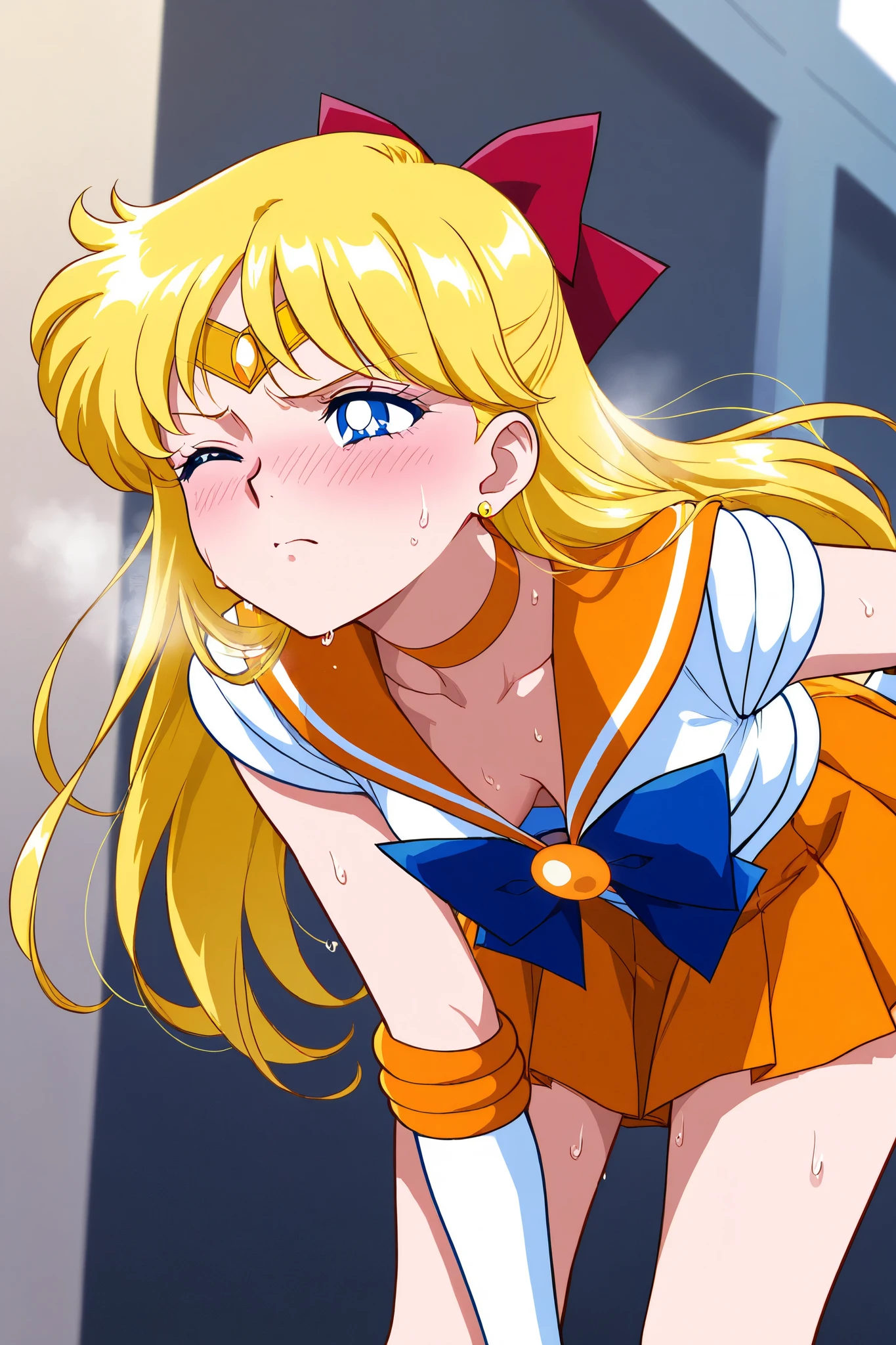 Sailor Venus is struggling in battle, gasping in pain and exhausted., bending forward and suffering、downblouse、 adult woman、hand,,fight、 Active Angles 、 dynamic composition 、aavenus, long hair, blonde hair, hair bow, tiara, earrings, blue eyes, orange choker, orange sailor collar, blue bow, white shirt, elbow gloves, white gloves, pleated skirt, orange skirt, Bare legs、clavicle、stable_Yogis_Animetoon_Negatives、wince、sweat、anxiety、Bad mood、blush、serious、 shortness of breath、