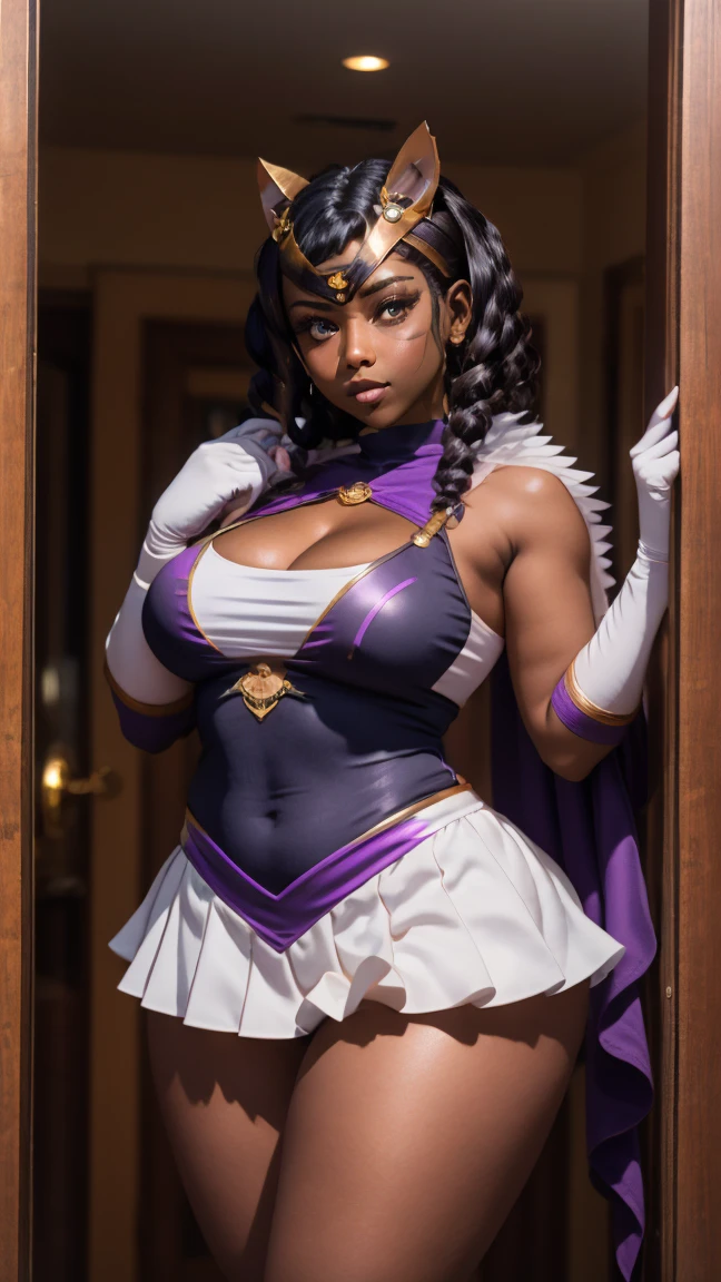 30 year old Ebony woman, wearing a one piece rose gold superheroine costume mini dress with purple pleated mini skirt, purple matching capelet, purple and rose gold gauntlets, purple and rose gold superhero boots, matching hems and trims, matching domino hero mask, perfect cameltoe, large round perky breasts, long black African curly coiled hair and a perfect body, thick and curvy body, plus size model, keyhole cleavage cutout, dark skin, poking nipples, pleated mini skirt 