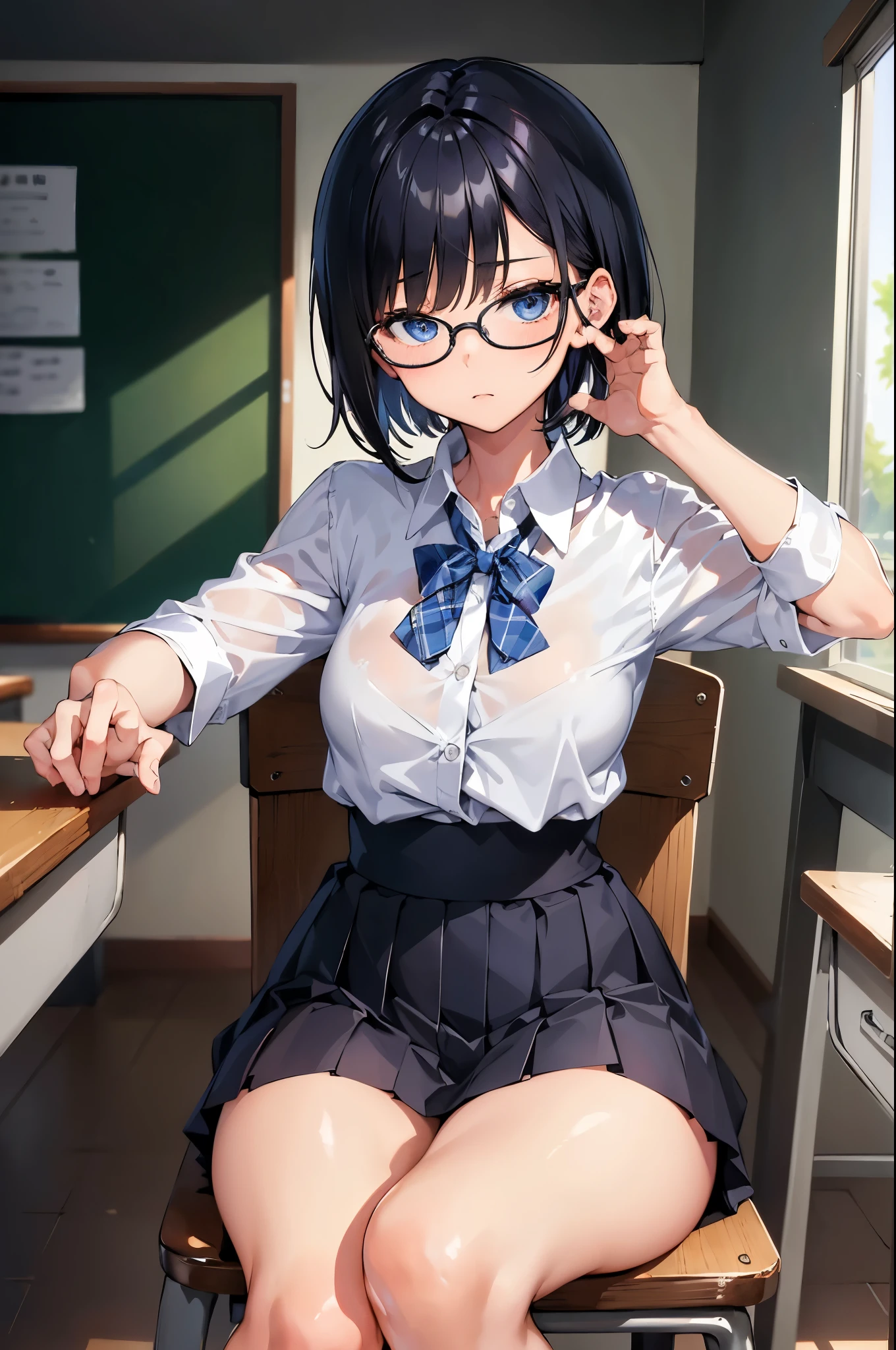 classroom、masterpiece、highest quality、High resolution、Pixel perfect、8k、finely、Dim lighting、Perfect dynamic composition、finelyて美しい目、Sit on a desk with your legs apart、Shiny Hair、Blue Hair、Natural color lip、woman、Age 25、gentlemen、Clear skin、Super detailed、Round earrings、White shirt、Black tight skirt、Dripping Sweat、Full of sweat、Thin thighs、Beautiful feet、delicate、smile、Open Mouth、Glasses