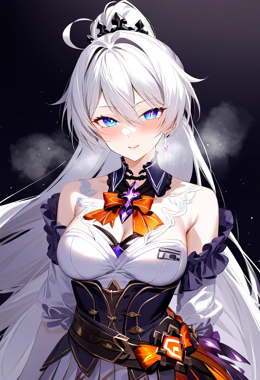 score_9, score_8_up, score_7_up, masterpiece, best quality, very aesthetic, absurdres, 1girl, adult grown woman, solo, kiana kaslana \(honkai impact 3rd\), herrscher of finality, white hair, ahoge, ponytail, very long hair, blue eyes, symbol-shaped pupils, glowing eyes, blush, seductive smile, heavy breathing, elegant academic uniform, navy blue sailor-style collar with gold embroidery, white blouse, navy skirt, golden belt, asymmetrical cape adorned gold trim, delicate rope tassels, black background,