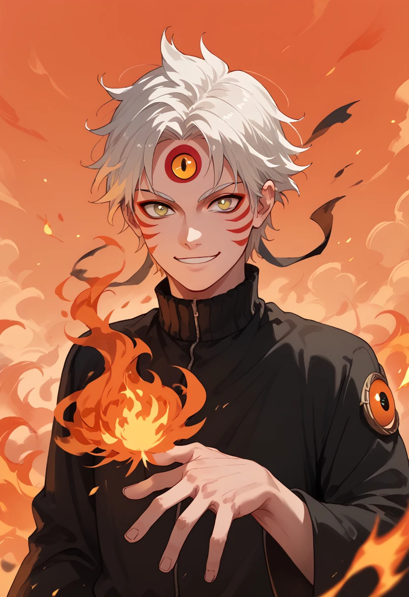 man, fire hair, white skin, red face paint, anime style, fire, yellow eyes, white hair, third eye on forehead, smile, cat eyes, fire covering hands, natural skin, kitsune, short hair, strong, orange sky,