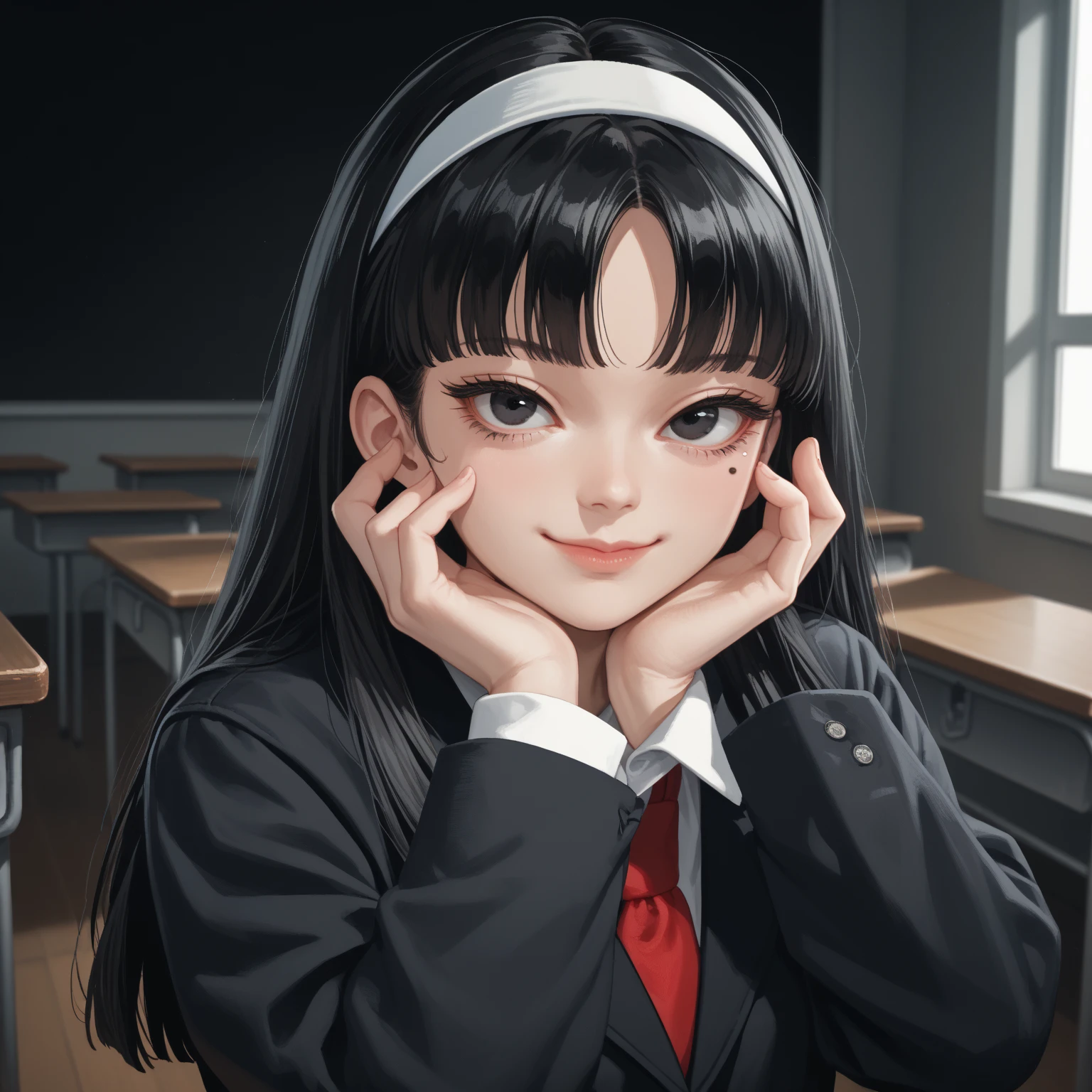 score_9, score_8_up, score_7_up, source_anime BREAK 1girl, solo, kwkm, black eyes, black hair, long hair, blunt bangs, parted bangs, white hairband, mole under eye, black jacket, red necktie, school uniform, indoors, black background, smile, closed mouth, pale, lips, yandere, hands on own face, breasts